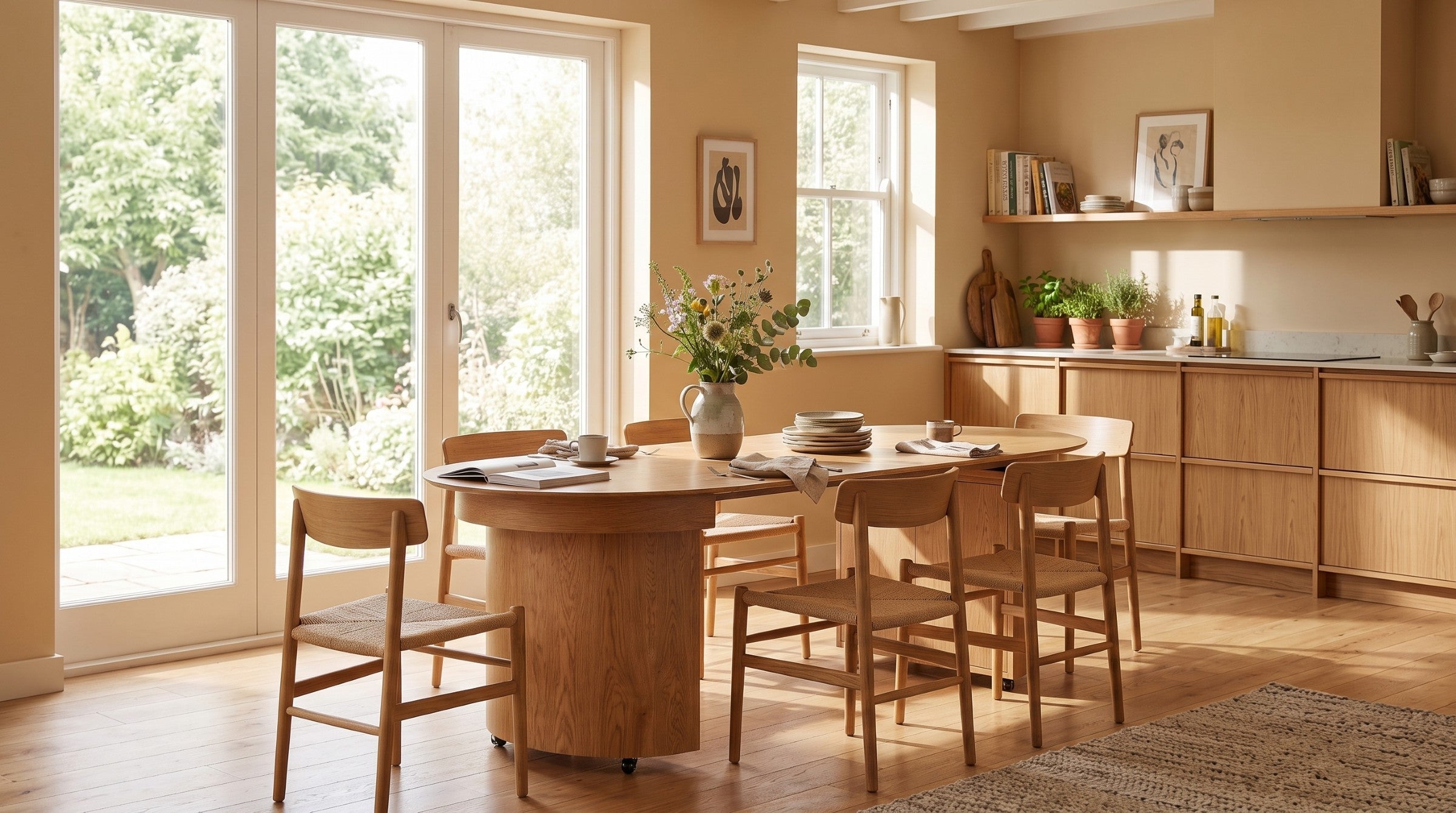 Dining table with seating in a warm contemporary dining room