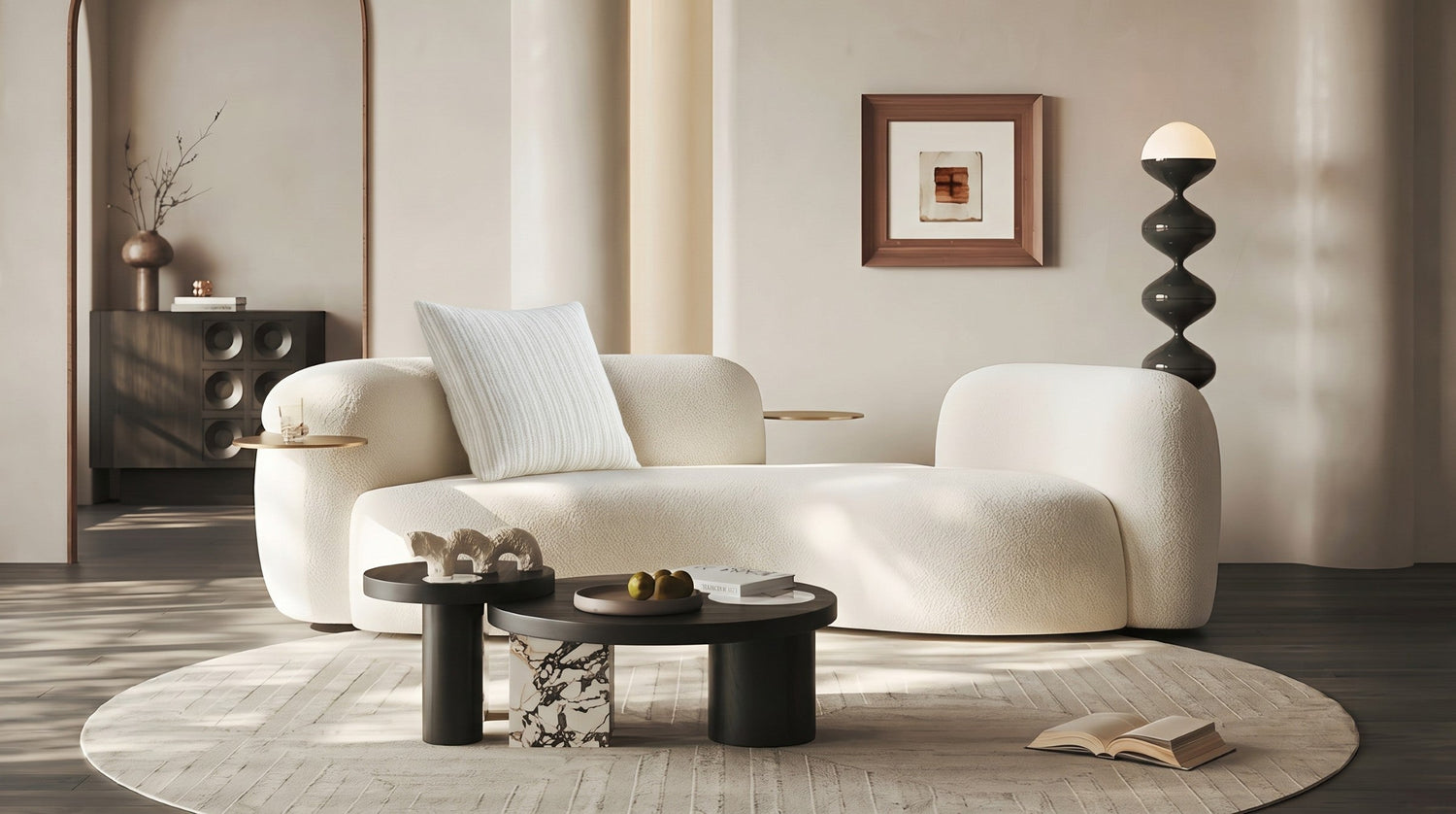 Curved sofa in a warm contemporary living room