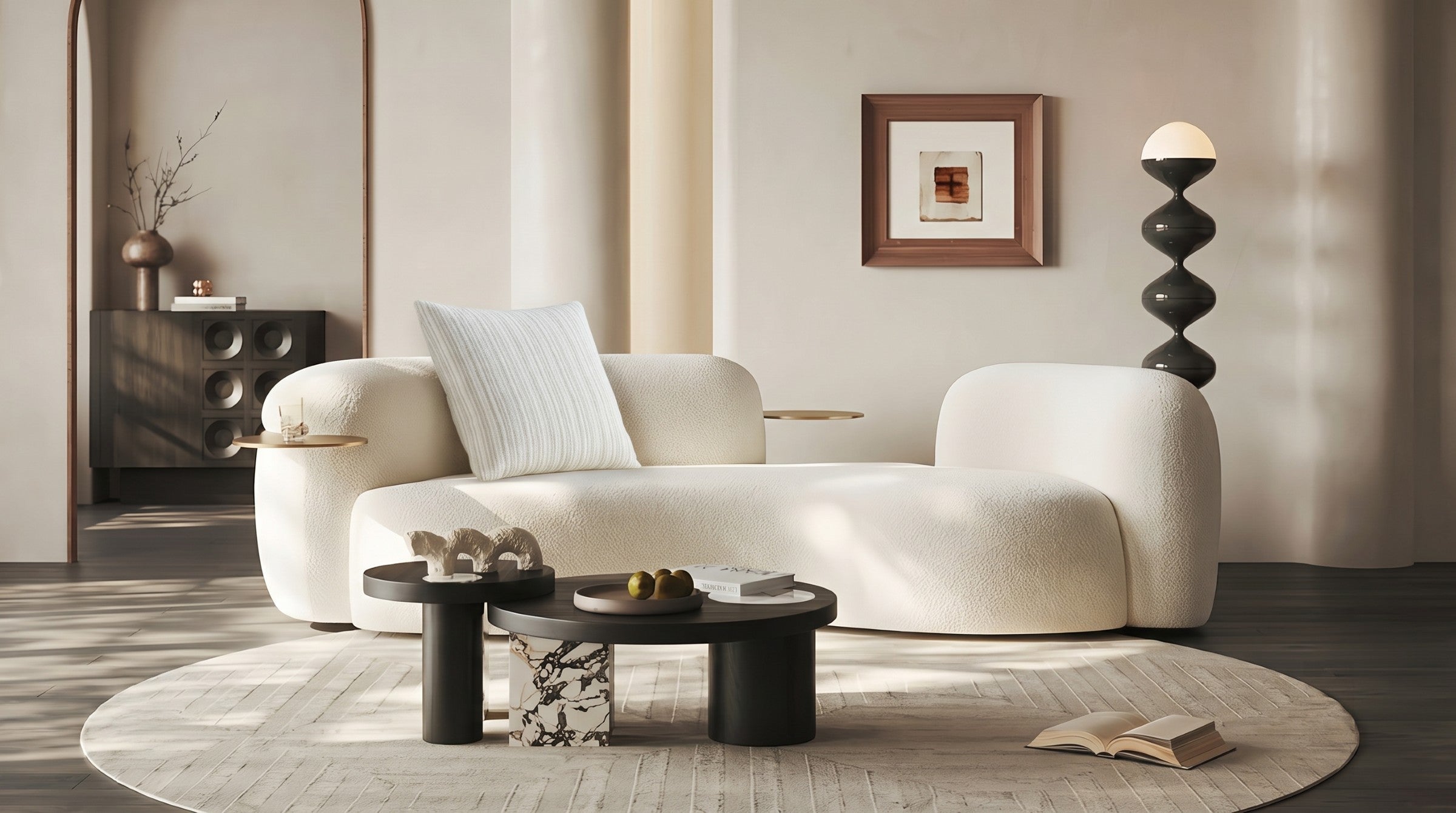 Curved sofa in a warm contemporary living room