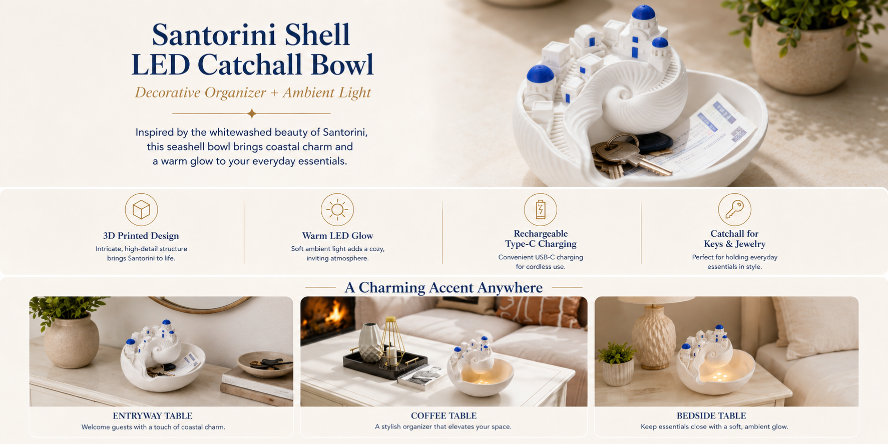 Santorini-Inspired 3D Printed Shell Catchall Bowl with Rechargeable LED Light
