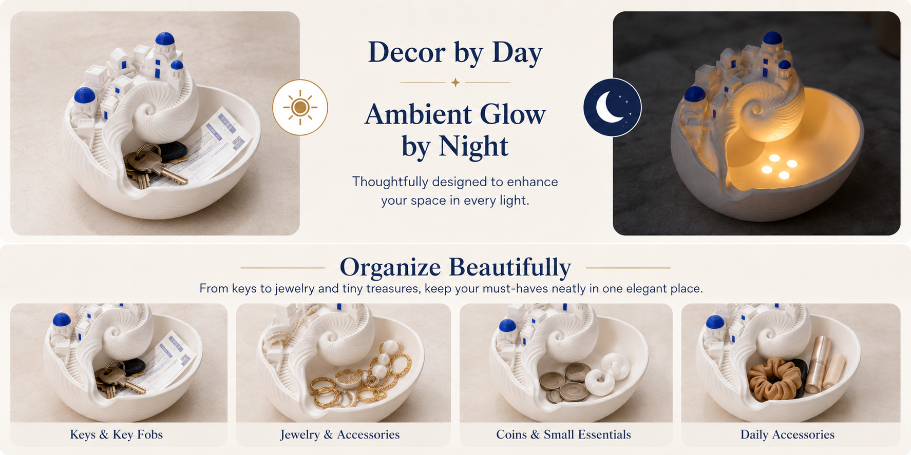 Santorini-Inspired 3D Printed Shell Catchall Bowl with Rechargeable LED Light