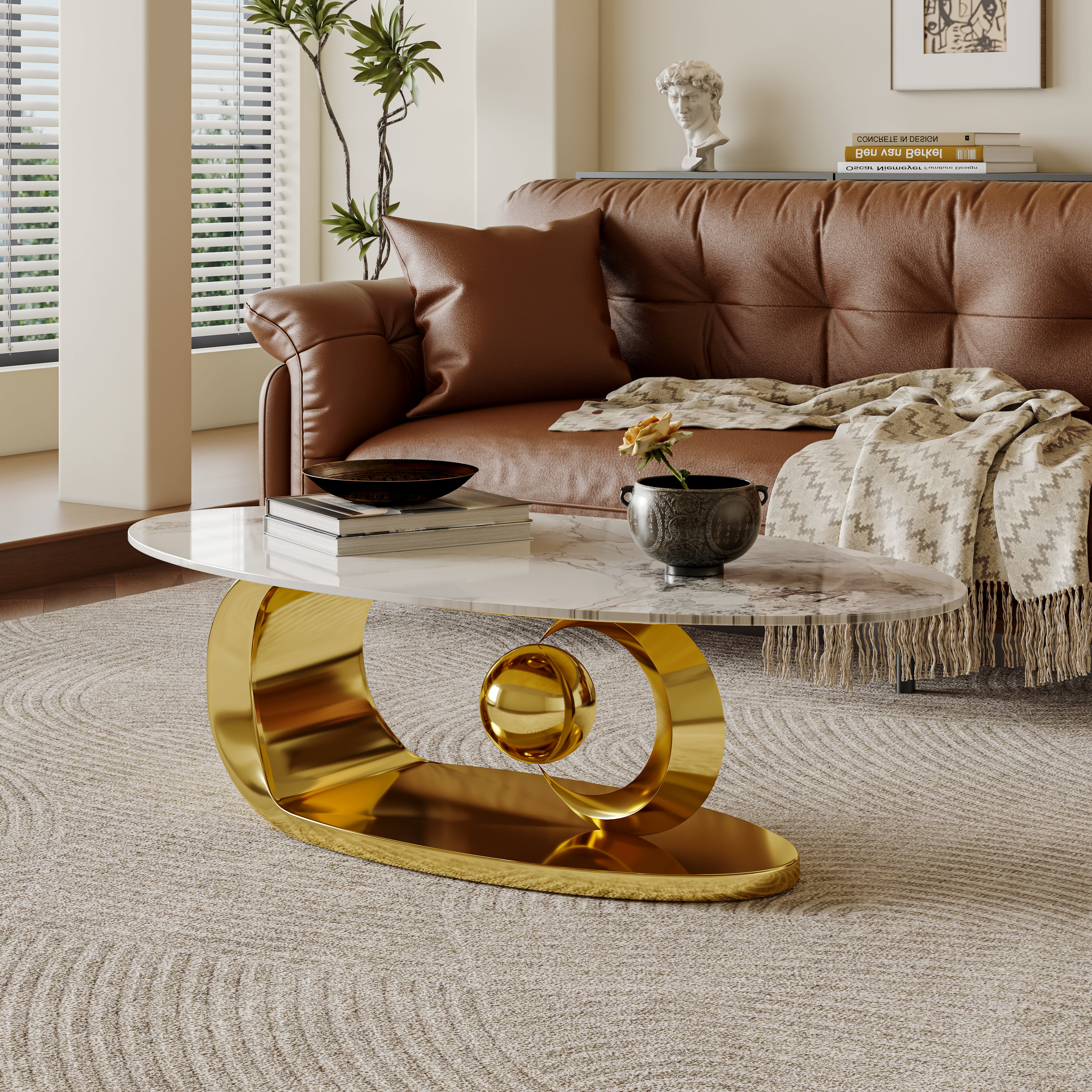 Modern Oval Coffee Table with Sintered Stone Top and Sculptural Stainless Steel Base - View 3