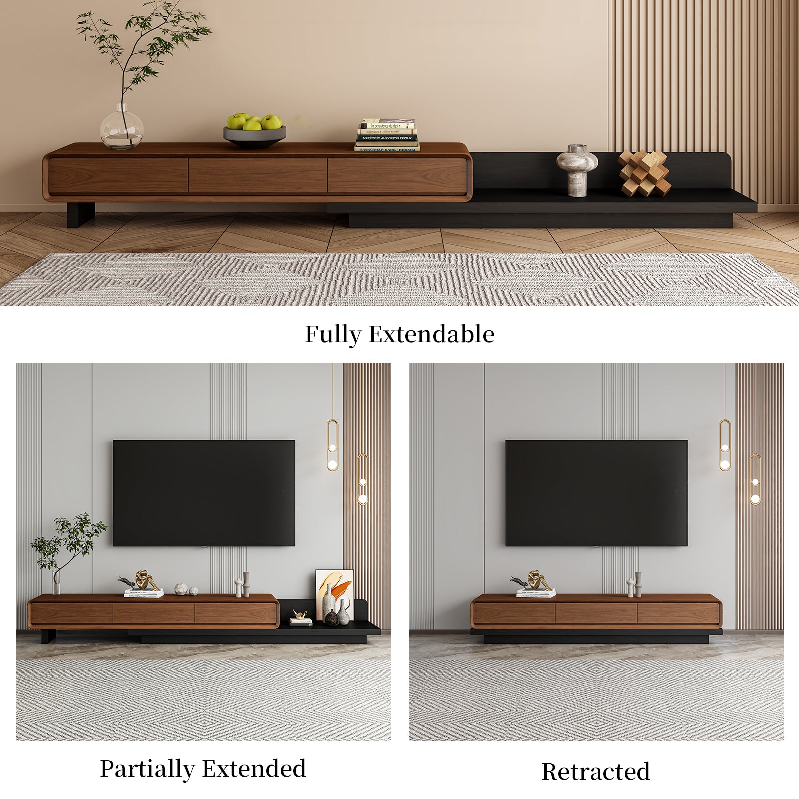 Extendable TV Stand with 3 Drawers and Open Shelf