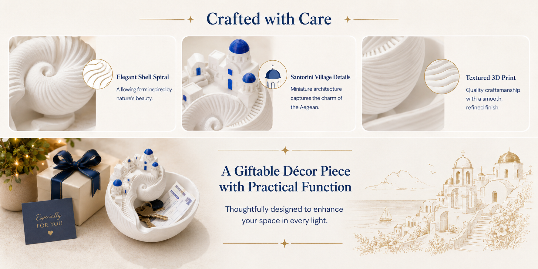 Santorini-Inspired 3D Printed Shell Catchall Bowl with Rechargeable LED Light