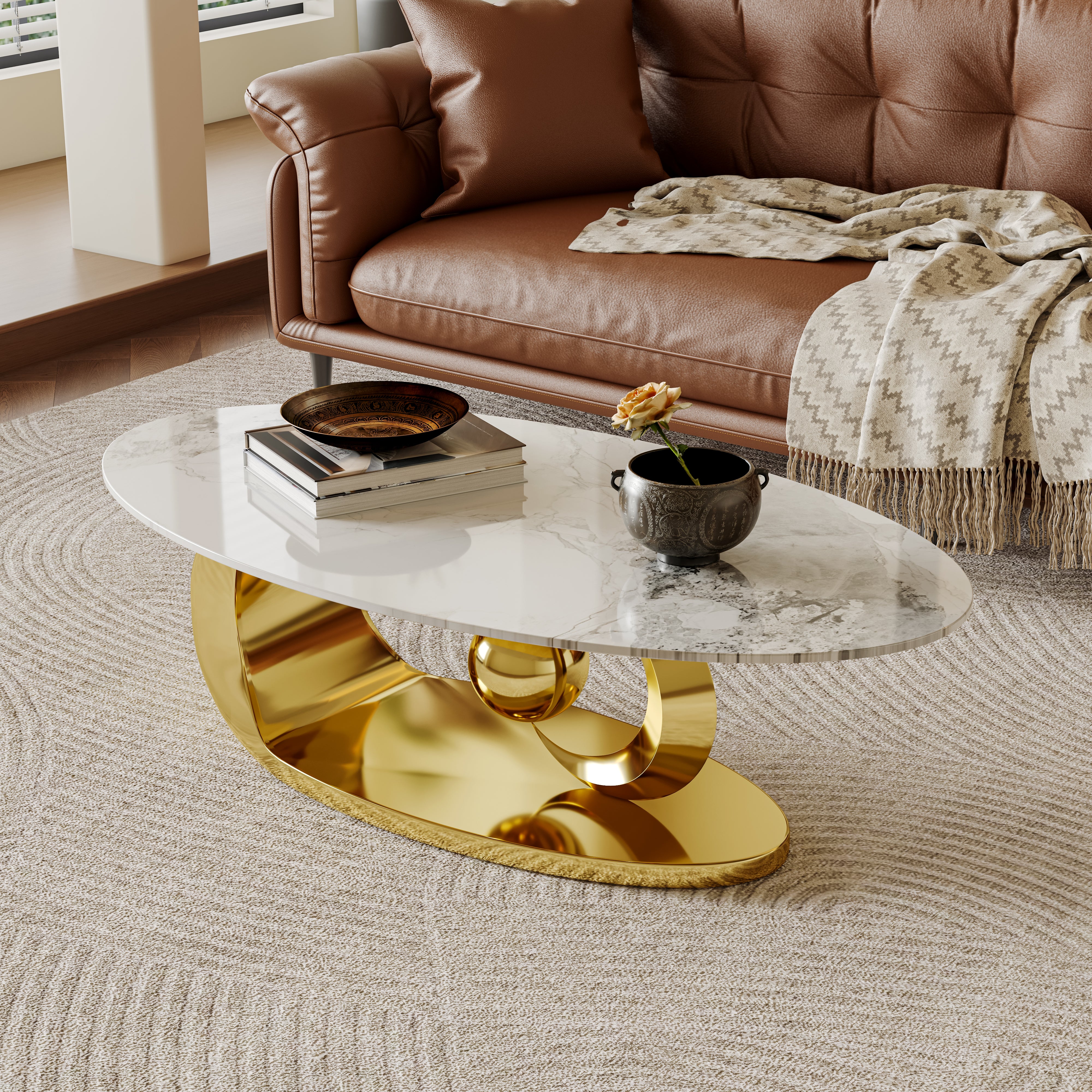 Modern Oval Coffee Table with Sintered Stone Top and Sculptural Stainless Steel Base - View 5