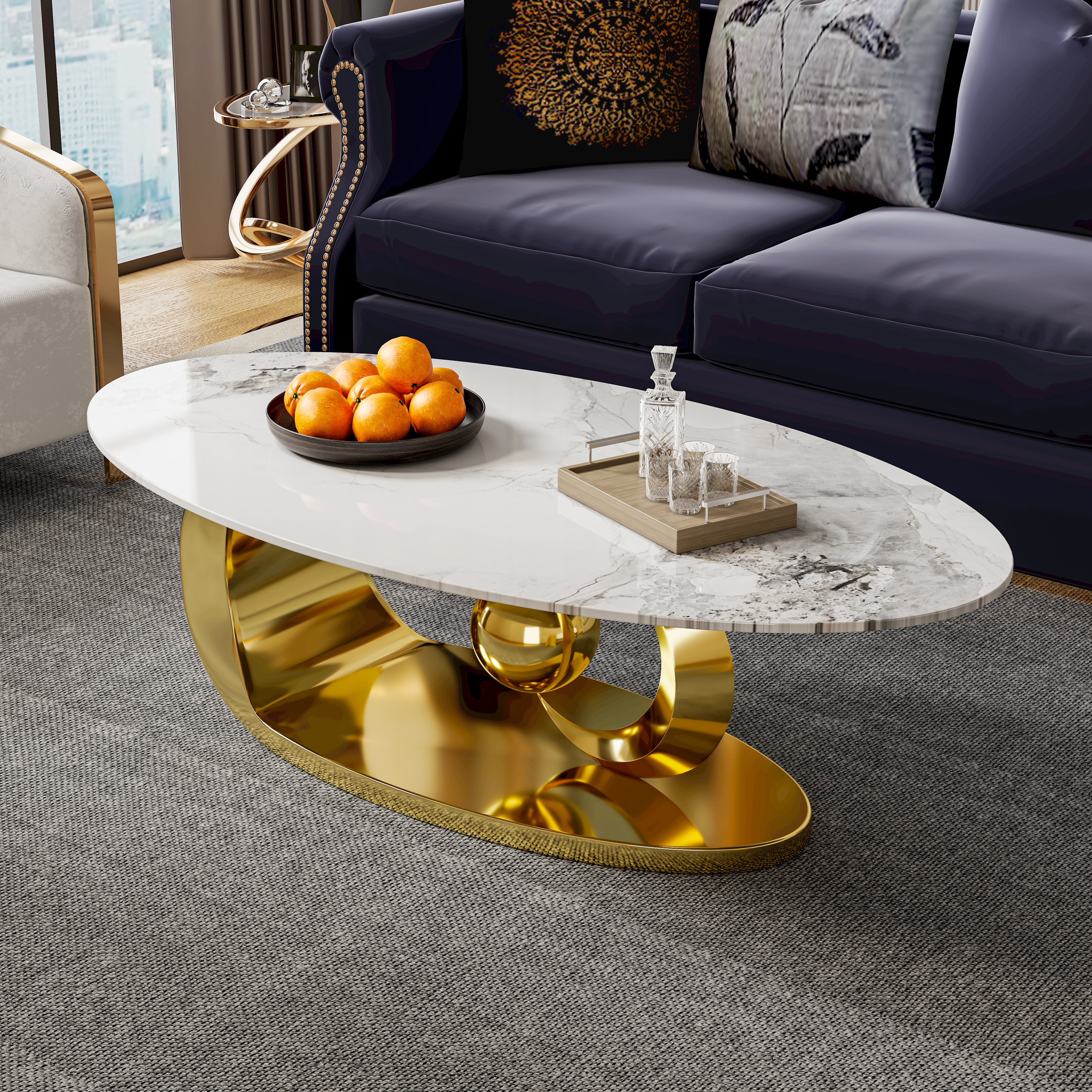 Modern Oval Coffee Table with Sintered Stone Top and Sculptural Stainless Steel Base - View 1