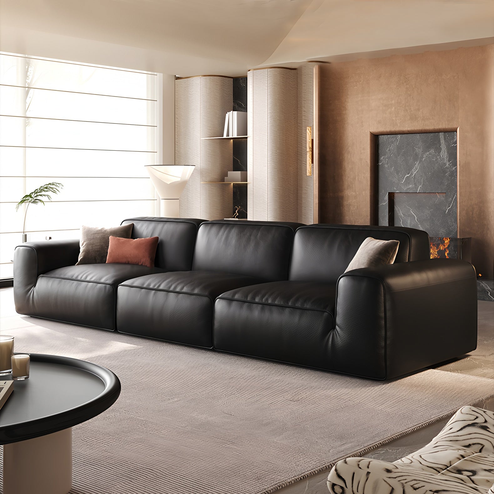 Black Genuine Leather Modular Sofa for Living Room