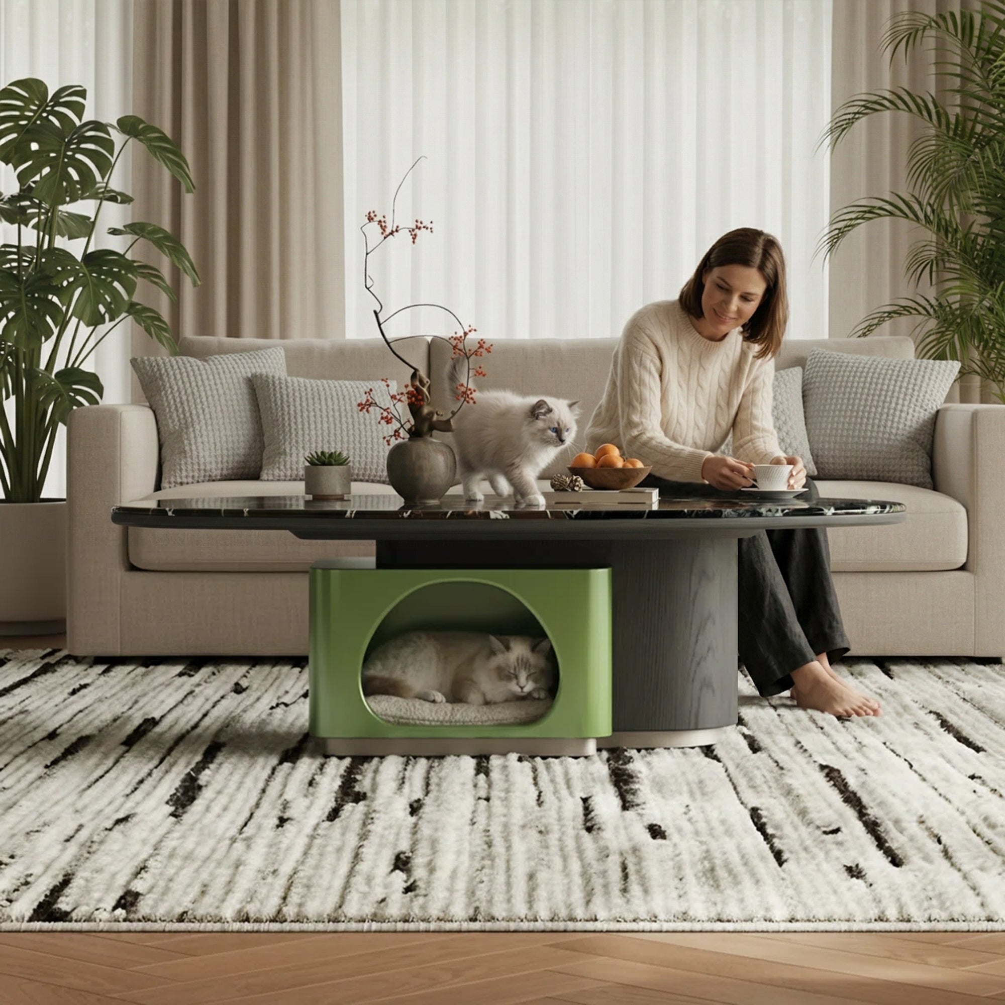Luxury Pet-Friendly Coffee Table - Black Veined Marble Top with Cat Cave Base