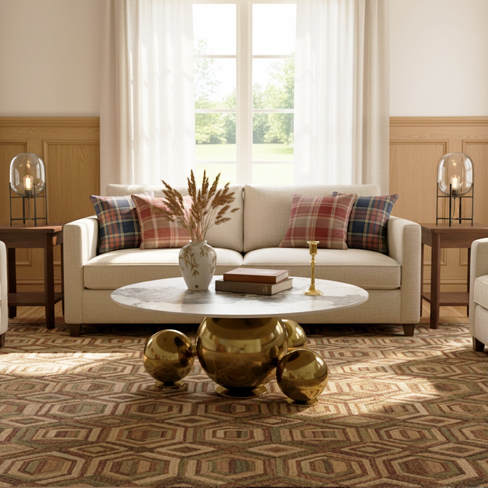 Modern Light Luxury Coffee Table with Marbled Tabletop & Gold Spherical Metal Base, 35.43" Wide