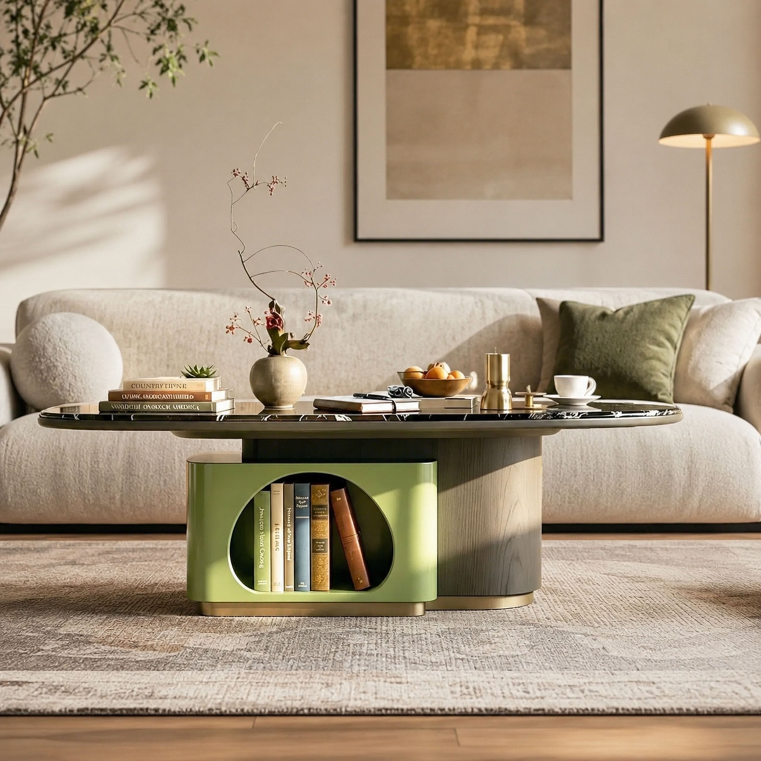Luxury Pet-Friendly Coffee Table - Black Veined Marble Top with Cat Cave Base