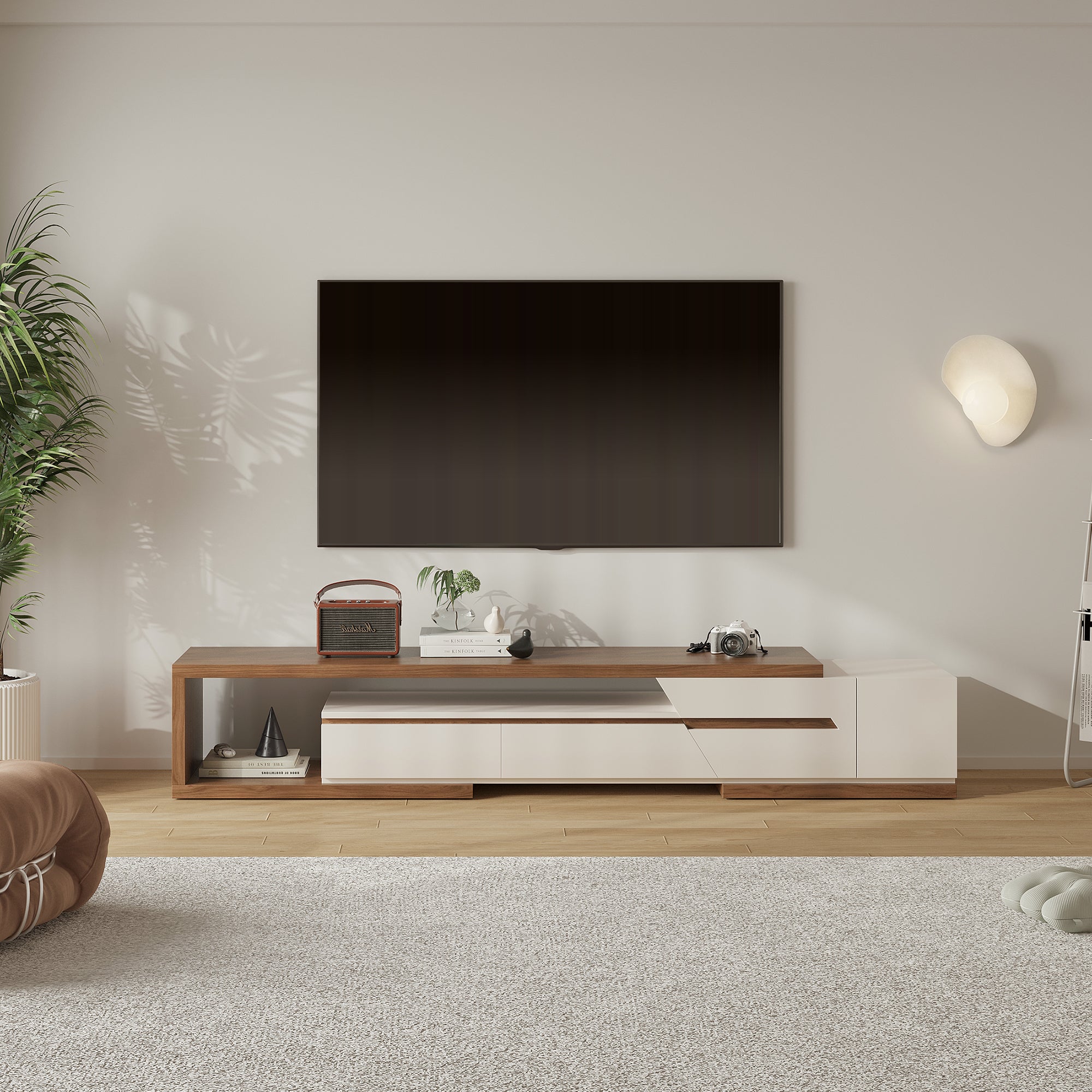 Extendable TV Stand with 3 Drawers and Open Shelf for TVs up to 110 Inches