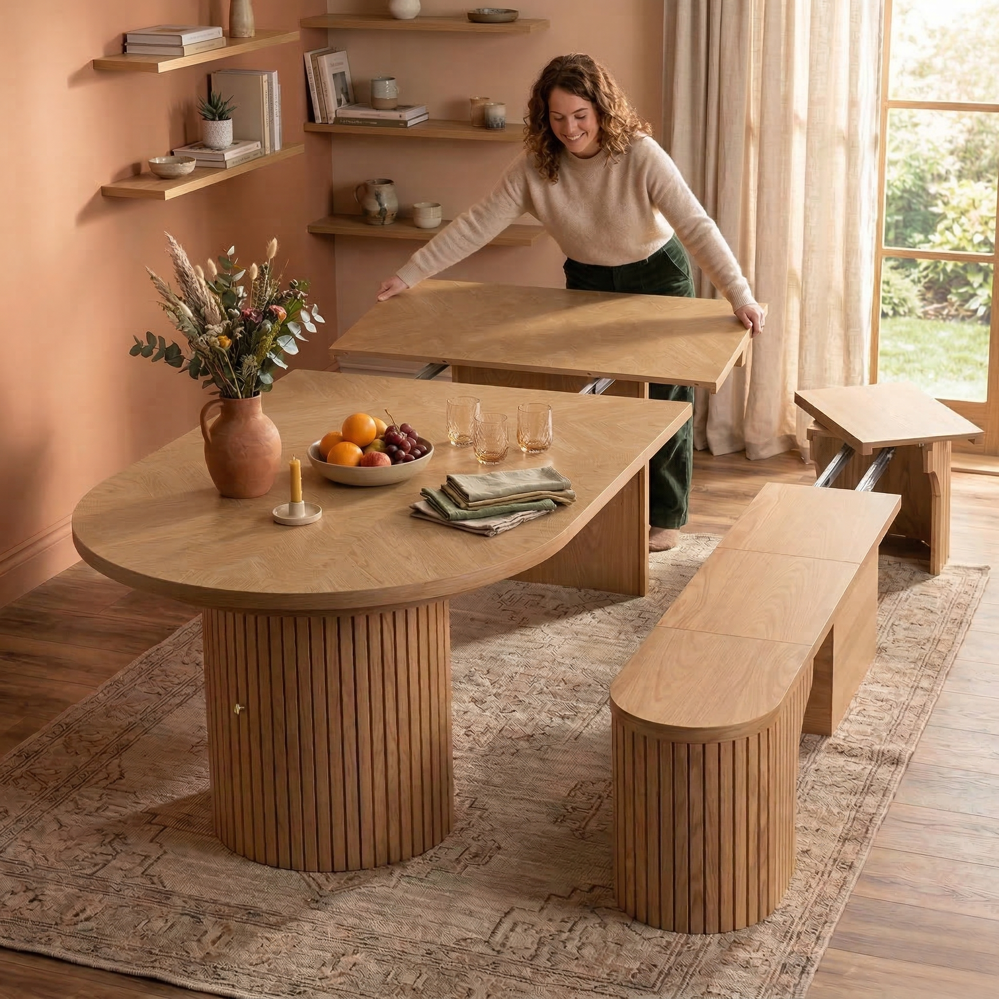 Solid Wood Extendable Dining Table and Bench Set, 45.27"–106.30", Seats 2–10 - View 2
