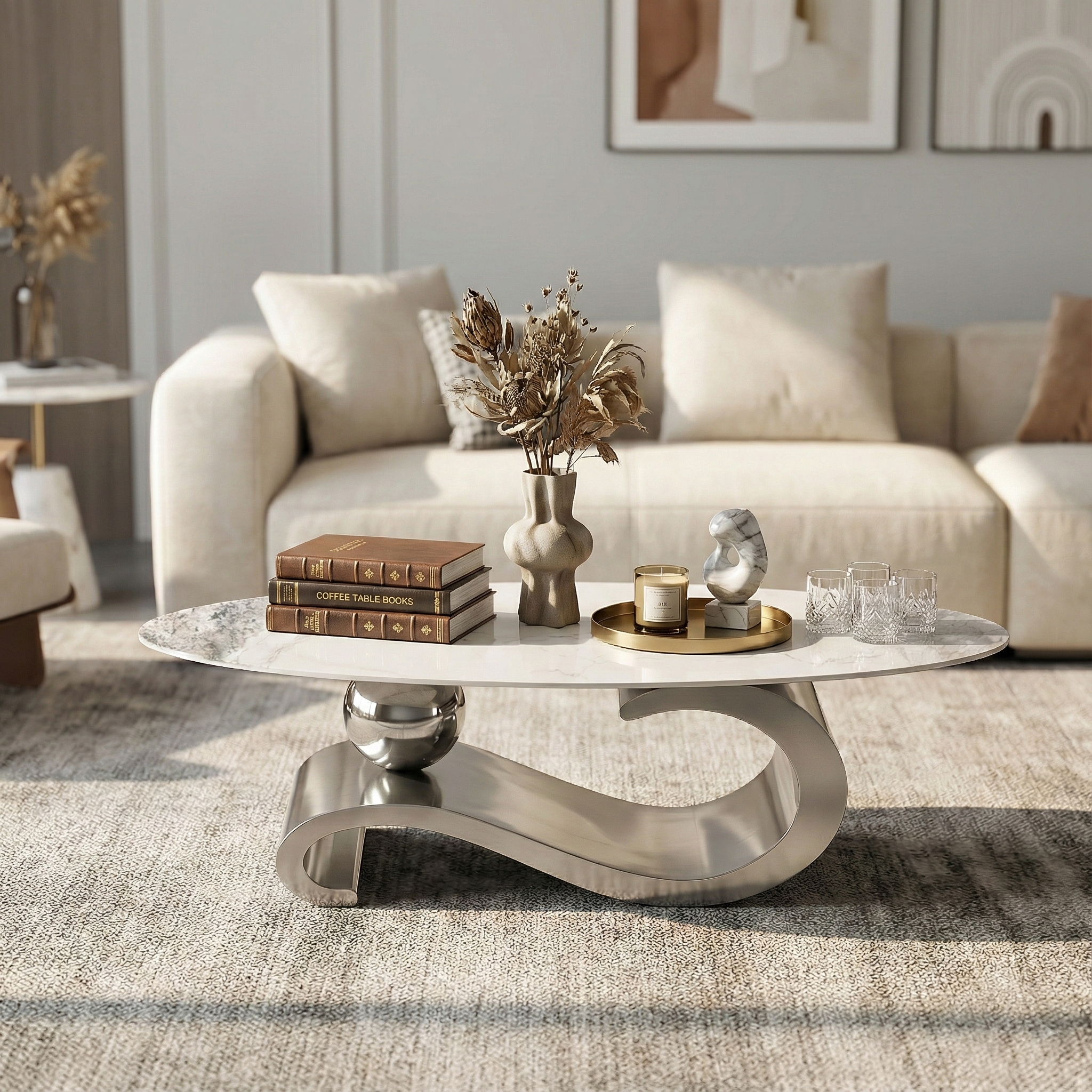 51.2" Oval Faux Marble Coffee Table with Silver Stainless Steel Base