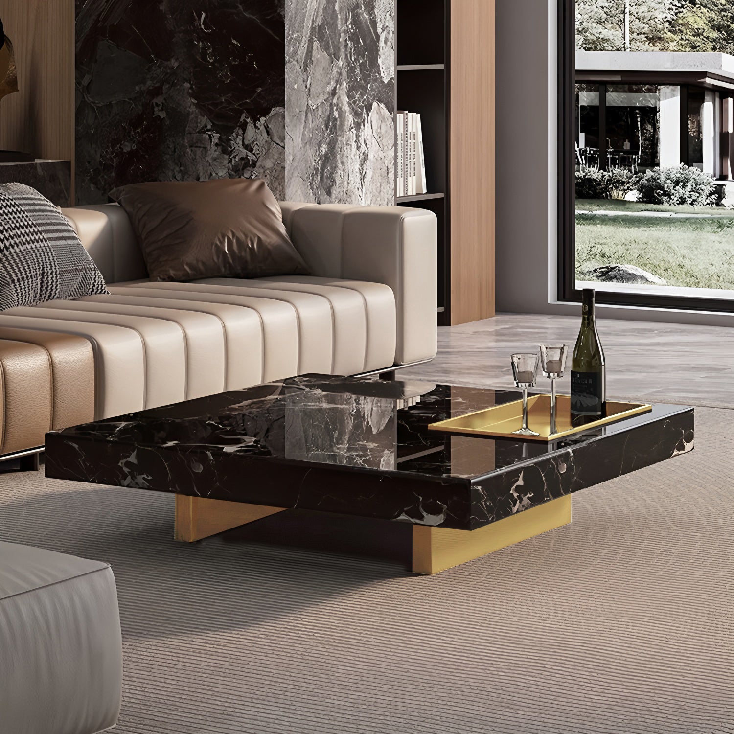 47.24" Square Faux Marble Coffee Table with Stainless Steel Base