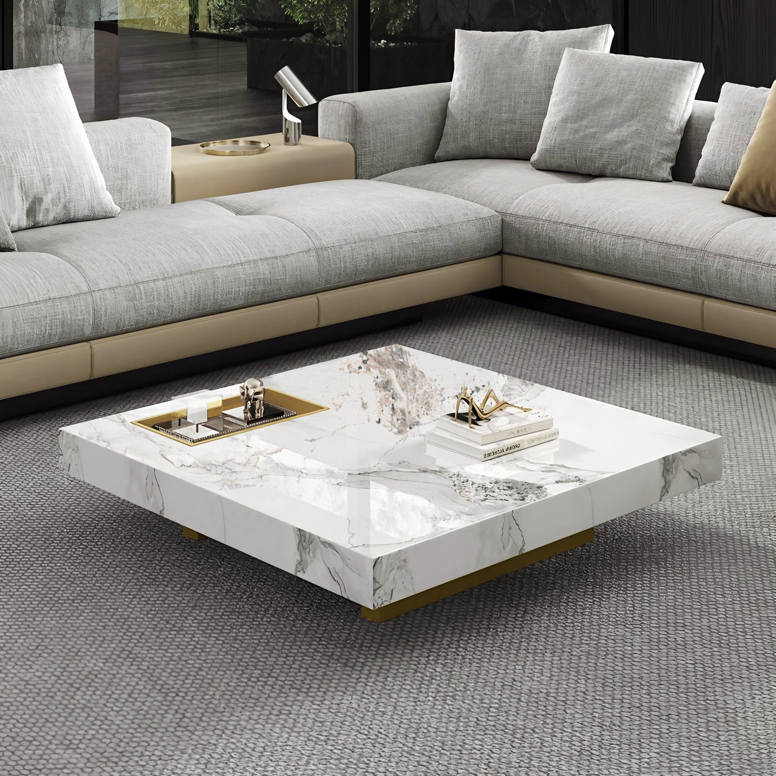 47.24" Square Faux Marble Coffee Table with Stainless Steel Base