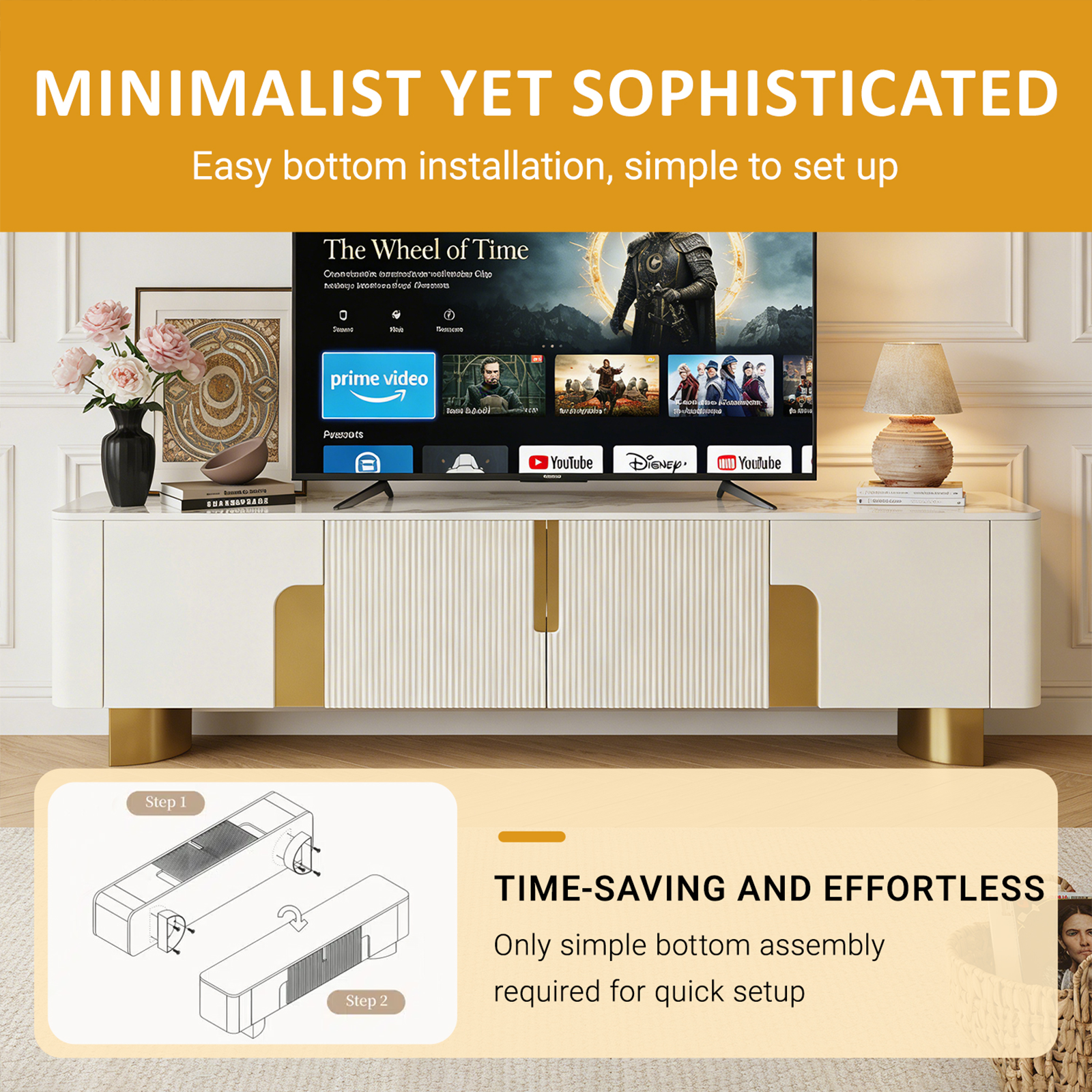 78.74'' Modern Faux Marble TV Stand with Gold Stainless Steel Base and 4 Storage Cabinets