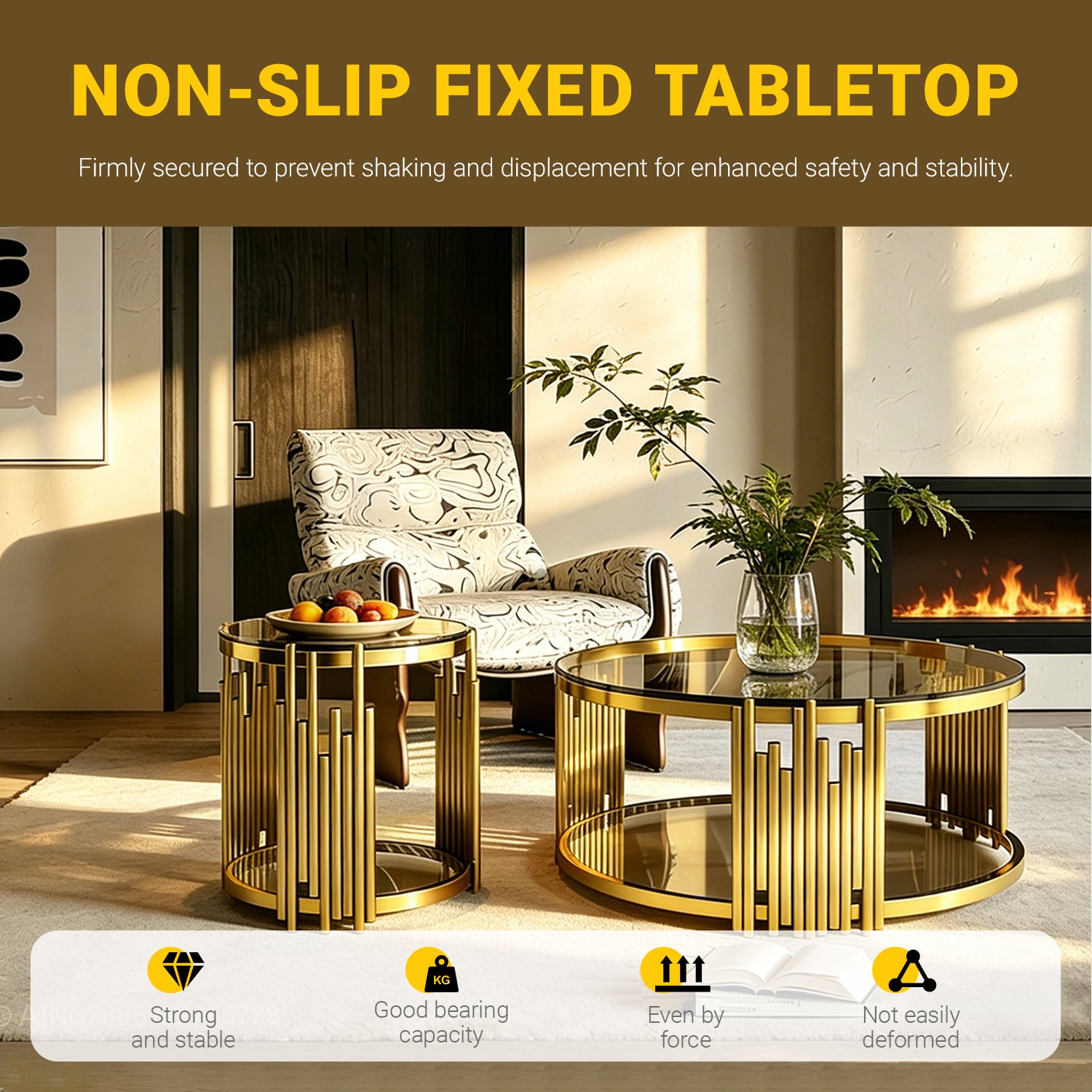 Modern Luxury Nesting Coffee Table Set - Gold Metal Frame & Smoked Glass Top (35.43" L)