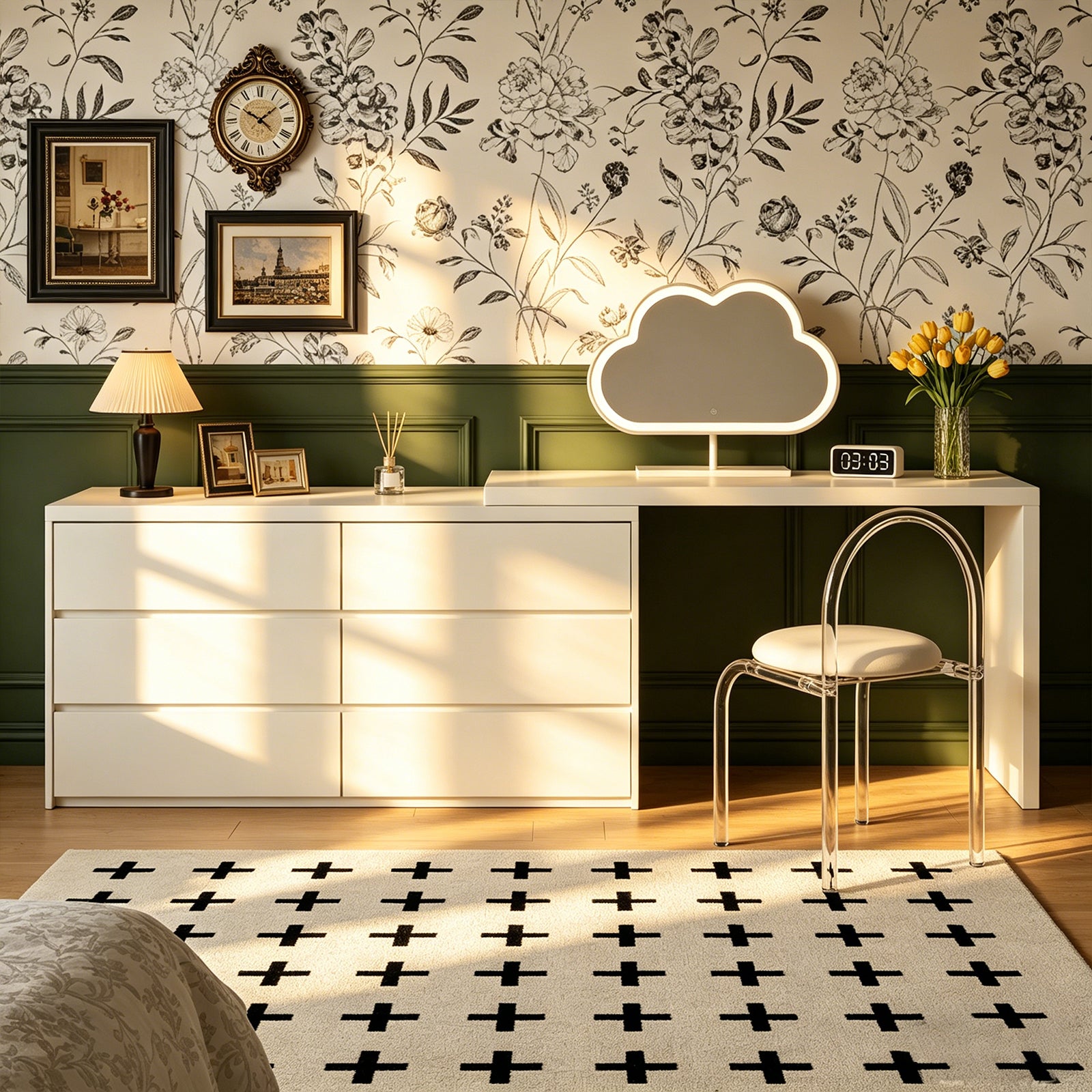 Cream White Extendable Makeup Vanity Dresser with 6 Drawers, L-Shaped Table & Scalable Design