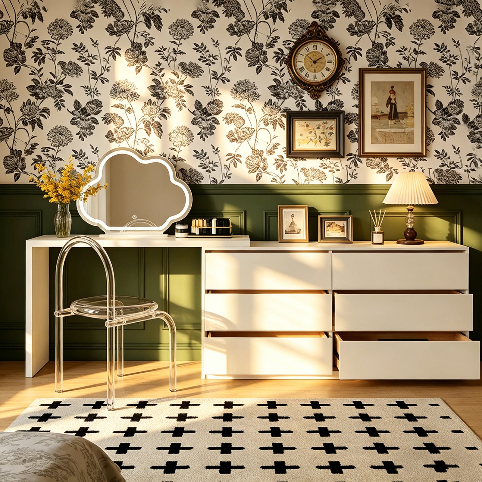 Cream White Extendable Makeup Vanity Dresser with 6 Drawers, L-Shaped Table & Scalable Design