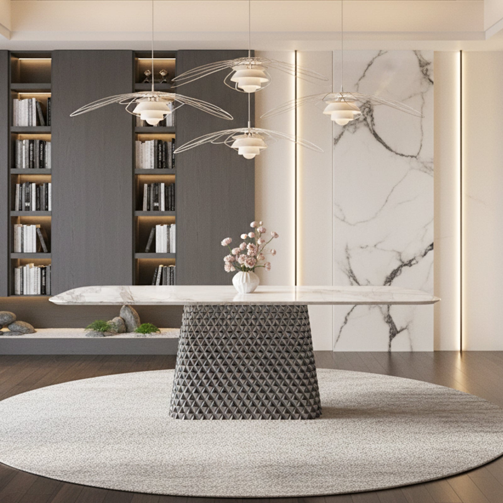 Modern Light Luxury 70.86" Dining Table with Marble - Look Tabletop and Diamond - Patterned Stainless Steel Base