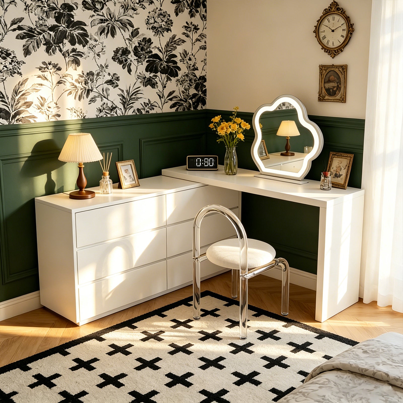 Cream White Extendable Makeup Vanity Dresser with 6 Drawers, L-Shaped Table & Scalable Design