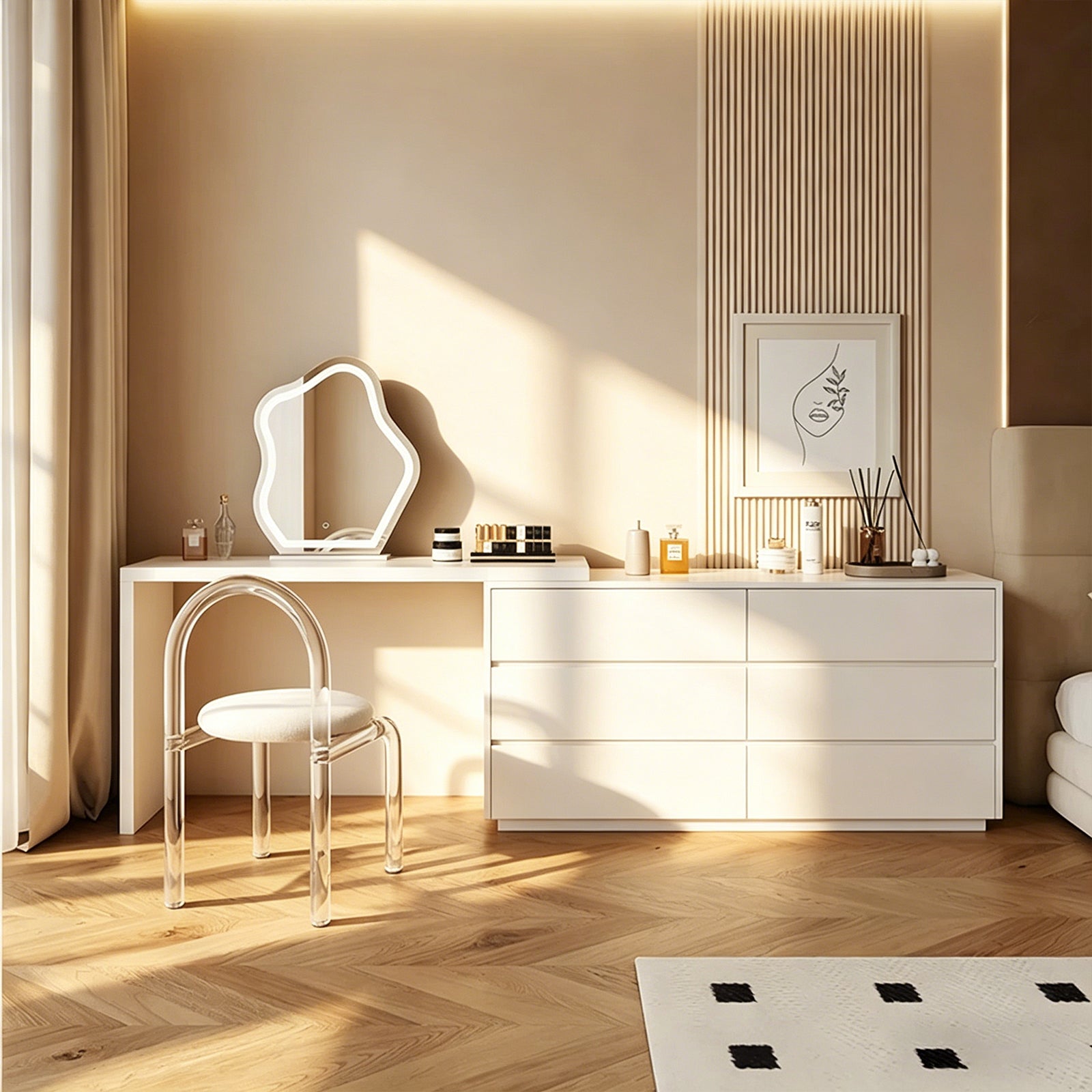 Cream White Extendable Makeup Vanity Dresser with 6 Drawers, L-Shaped Table & Scalable Design