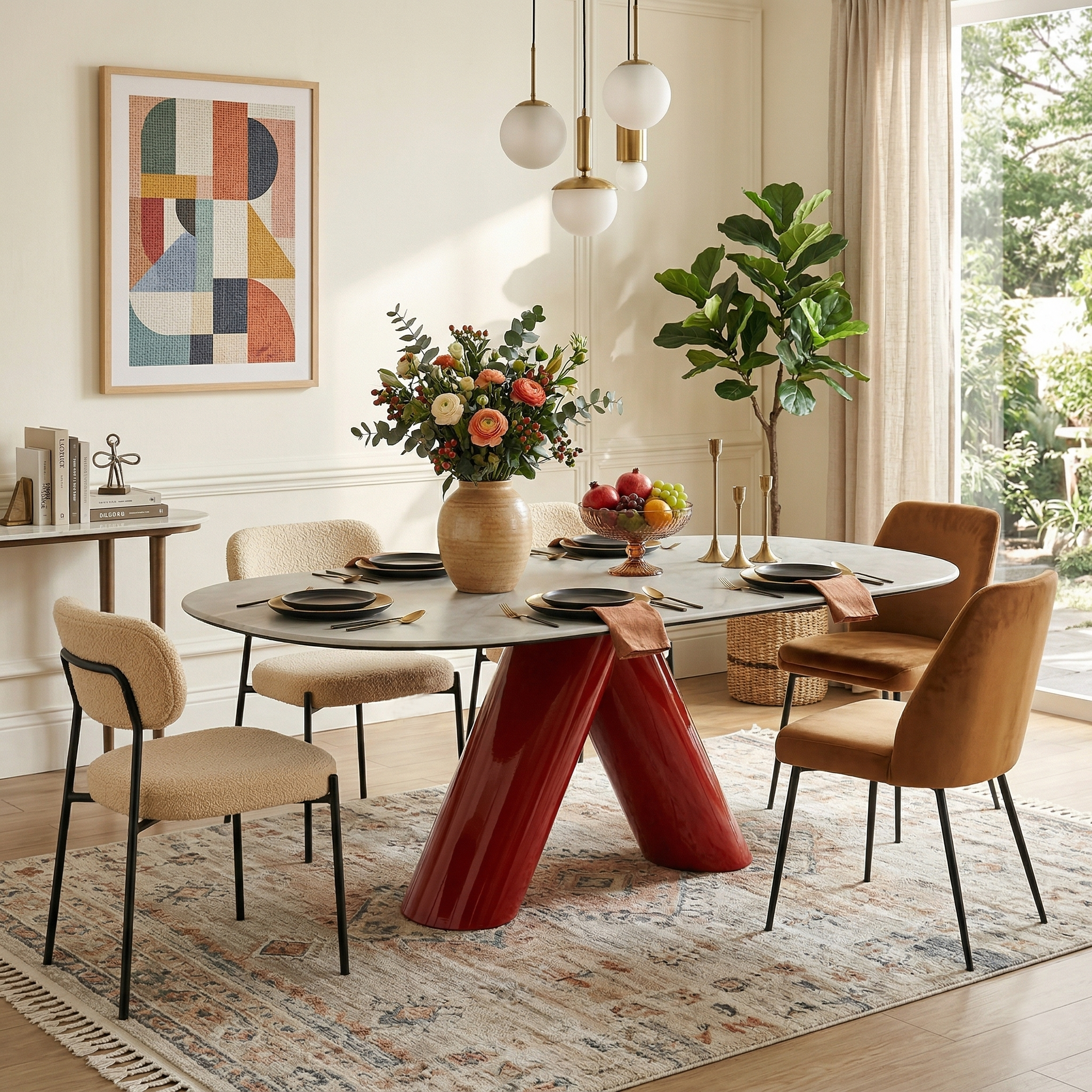 Oval Marble-Look Dining Table with Stainless Steel Base
