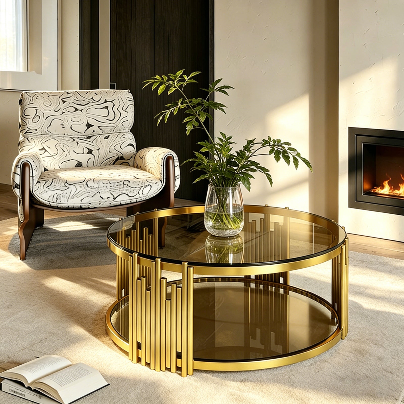 Modern Luxury Nesting Coffee Table Set - Gold Metal Frame & Smoked Glass Top (35.43" L)