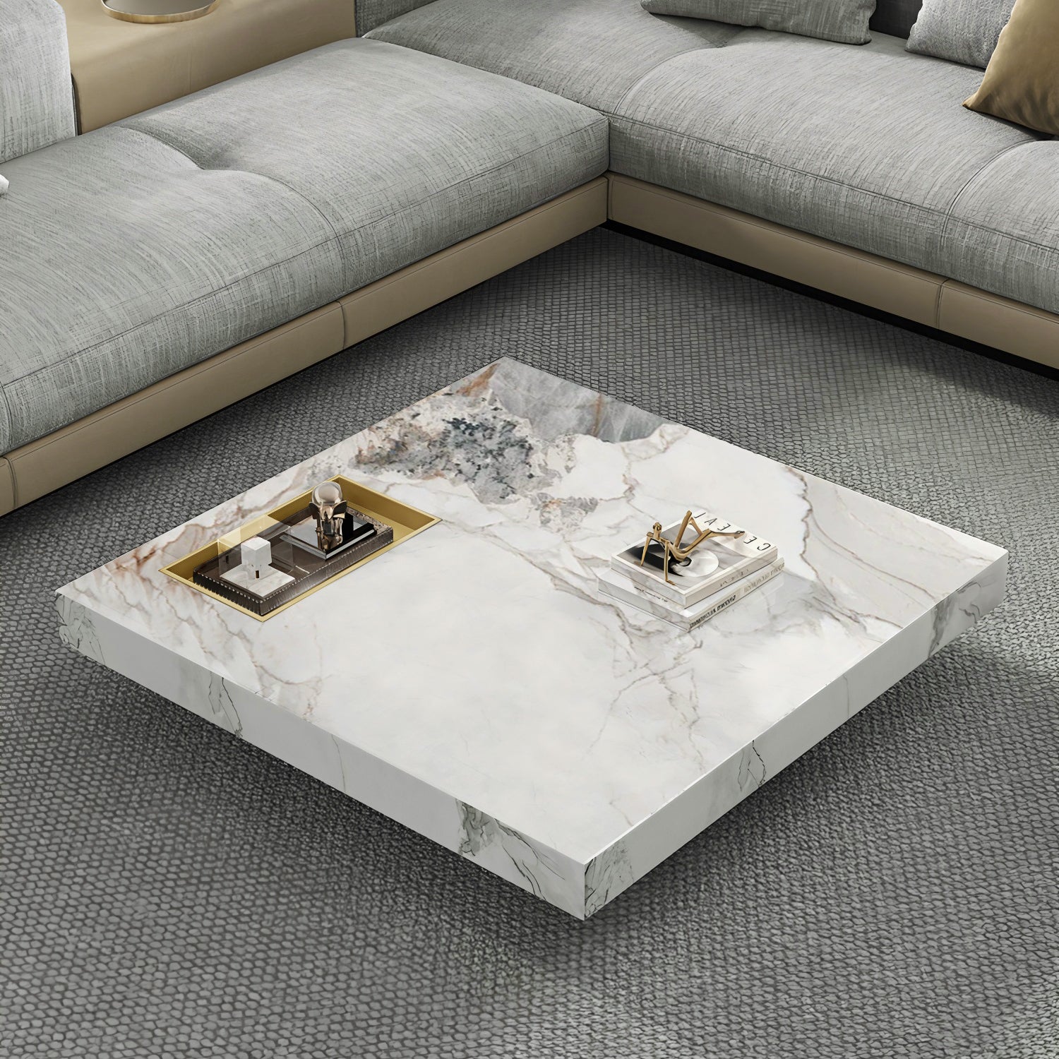 47.24" Square Faux Marble Coffee Table with Stainless Steel Base