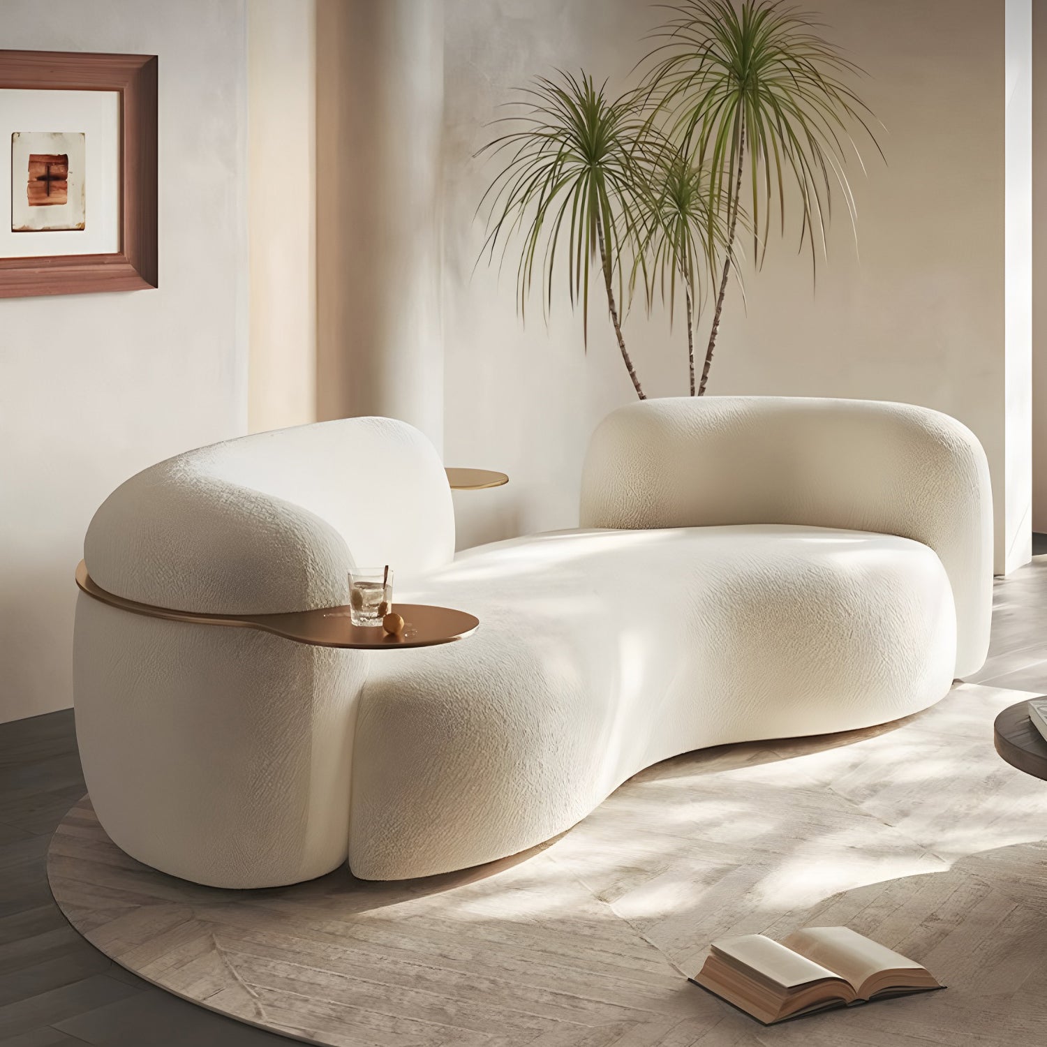 102" Cream Bouclé Curved Sofa, 3-Seater Couch with Black Base & Gold Side Tray