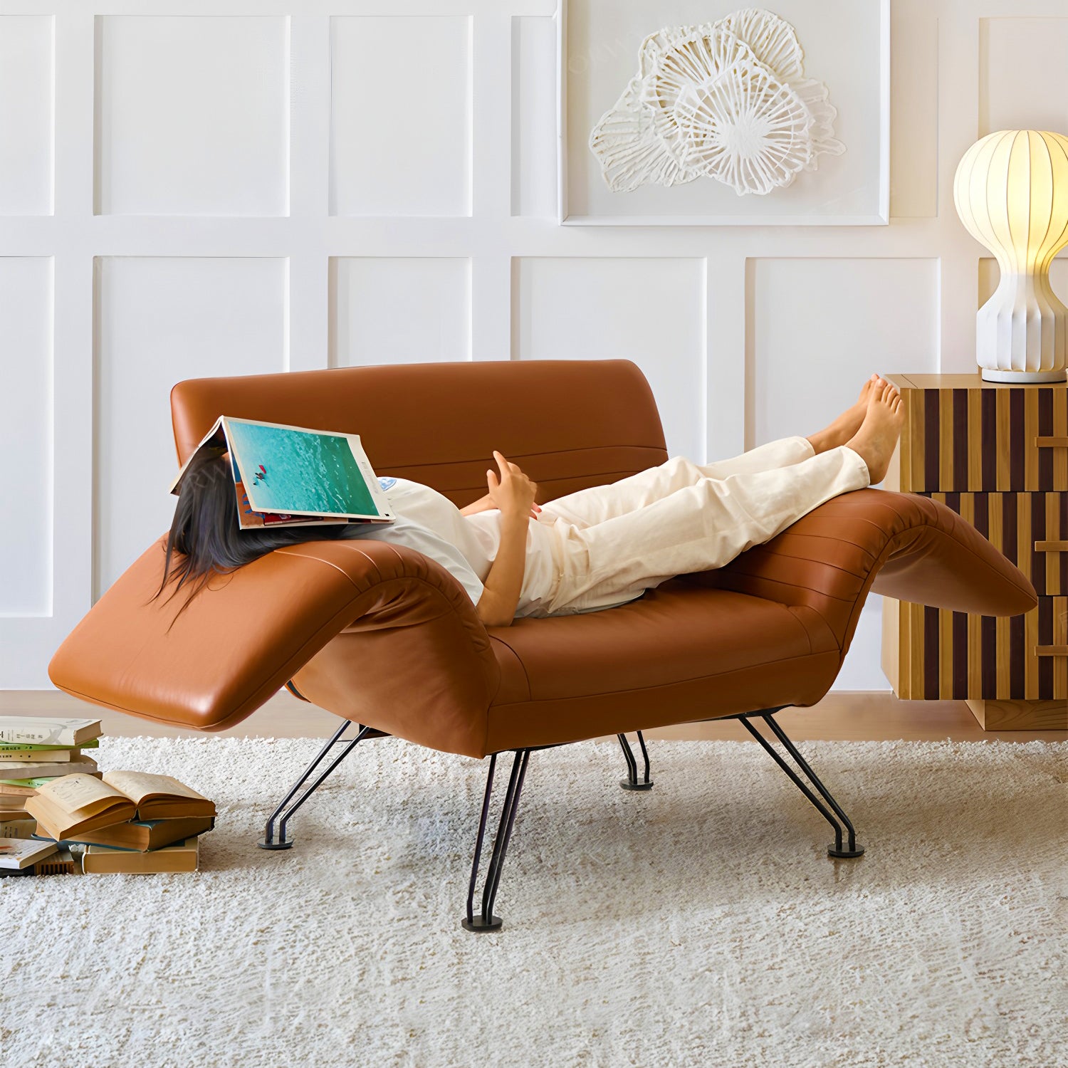 Adjustable Reclining Lounge Chair with Wax Pull-Up Leather Contact Surface