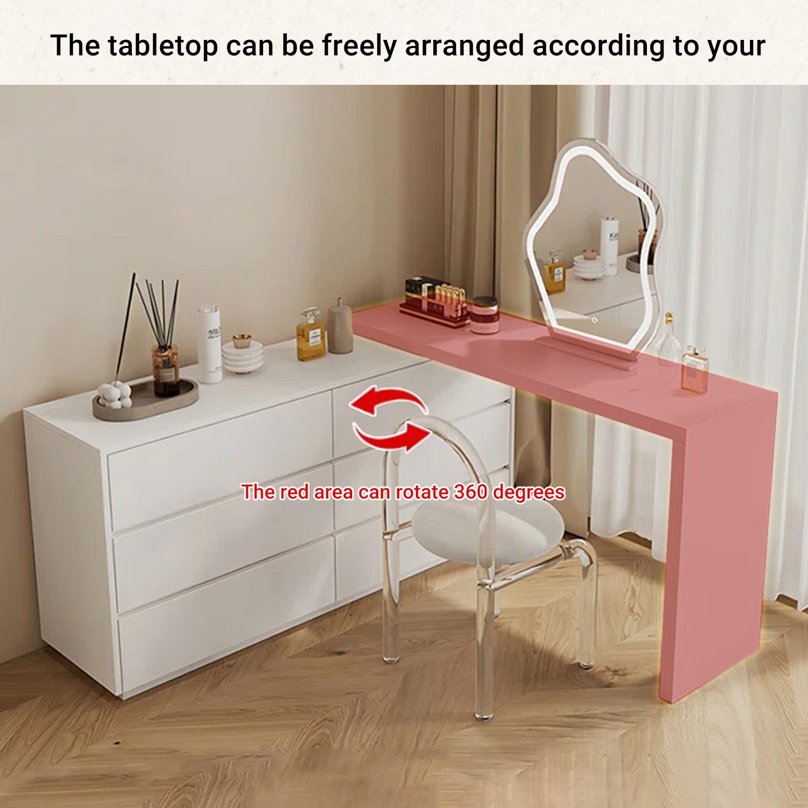 Cream White Extendable Makeup Vanity Dresser with 6 Drawers, L-Shaped Table & Scalable Design