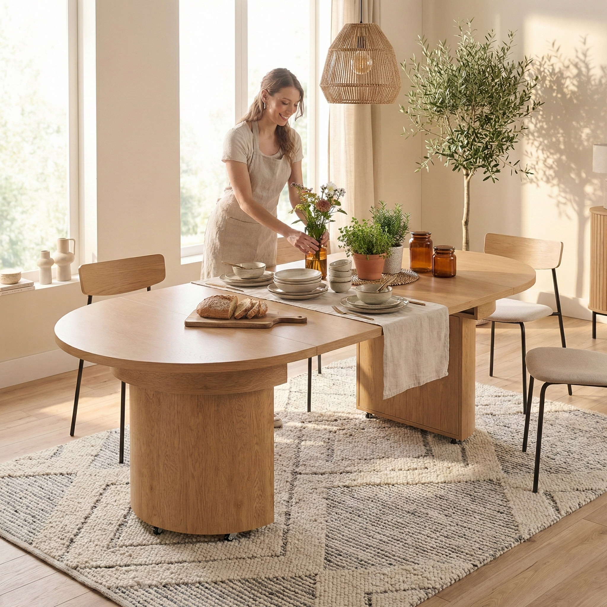Extendable Wood Dining Table with Storage Cabinet, Seats Up to 10