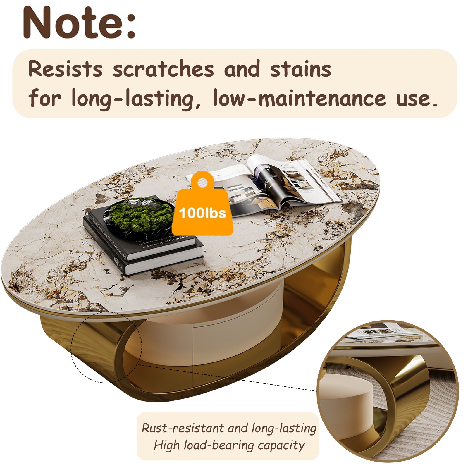 Modern Luxury Coffee Table: Scratch-Resistant Faux Marble Surface, Polished Gold Frame & Hidden Drawer