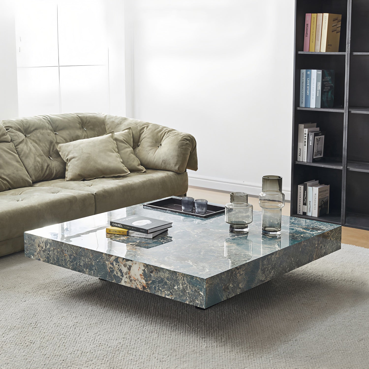 47.24" Square Faux Marble Coffee Table with Stainless Steel Base