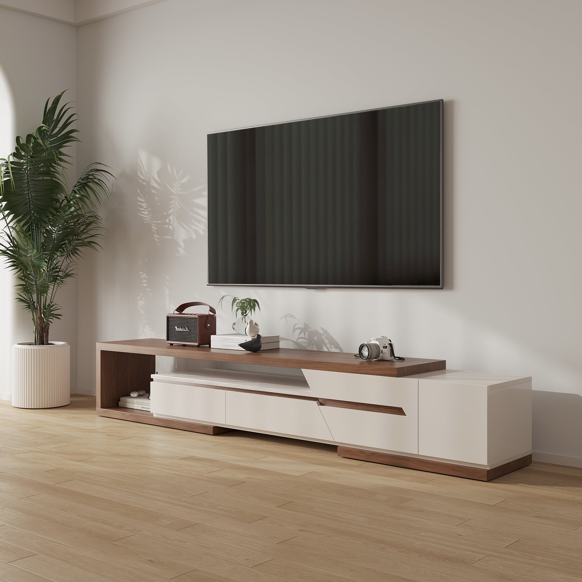Extendable TV Stand with 3 Drawers and Open Shelf for TVs up to 110 Inches