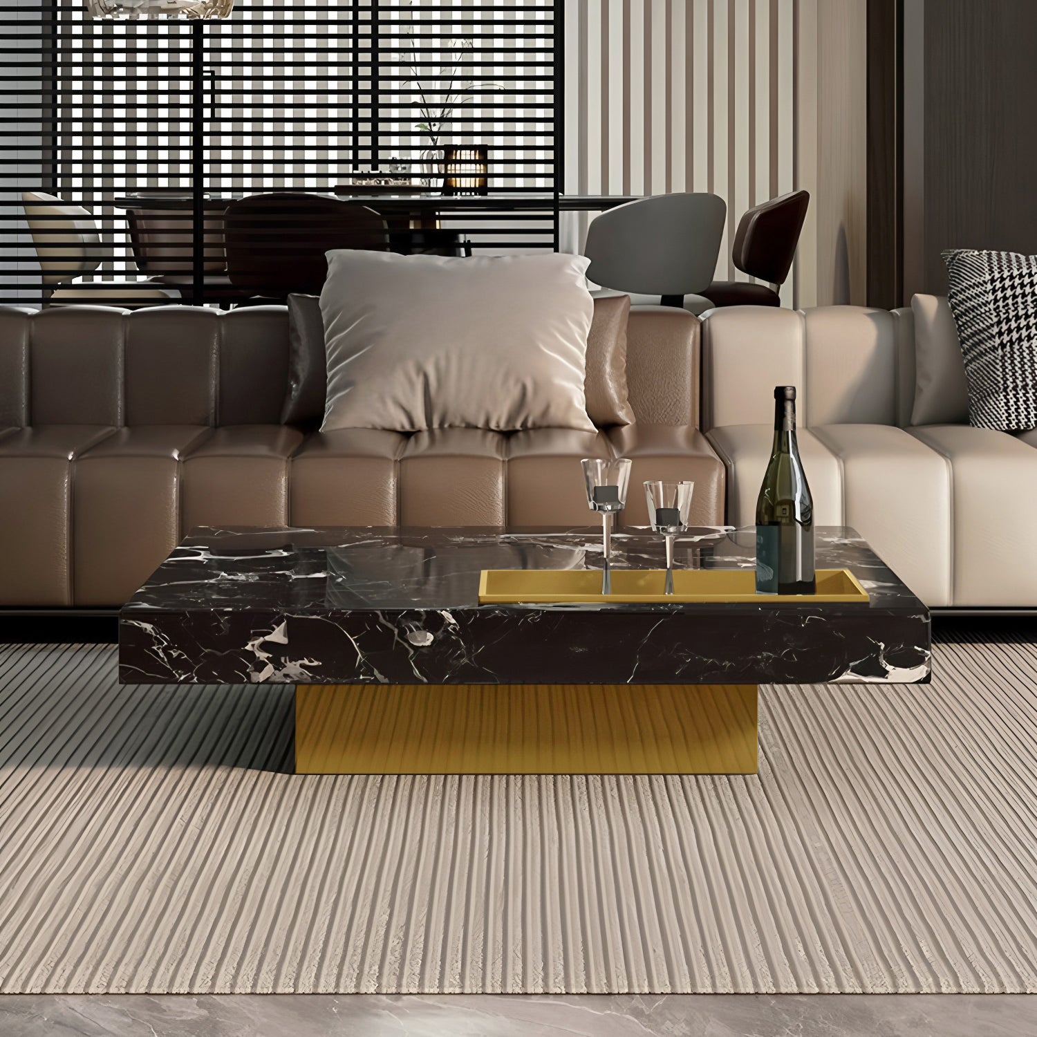 47.24" Square Faux Marble Coffee Table with Stainless Steel Base