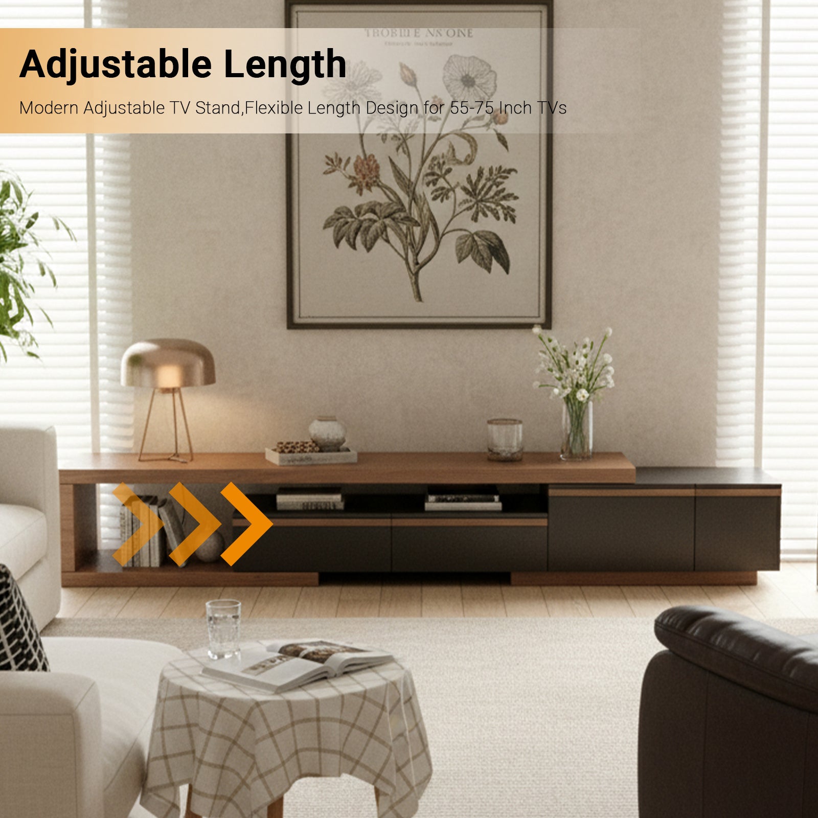 Adjustable-Length Modern Light Luxury TV Stand: Walnut Veneer Top & Spacious Storage