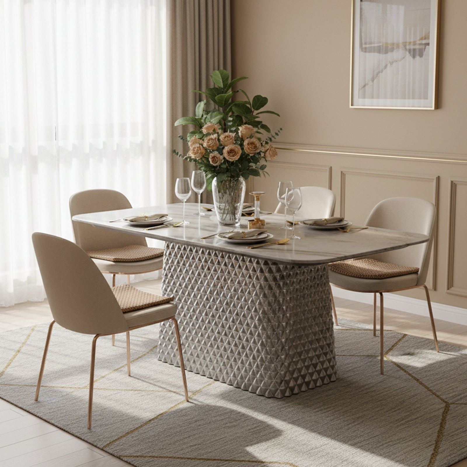 Modern Light Luxury 70.86" Dining Table with Marble - Look Tabletop and Diamond - Patterned Stainless Steel Base
