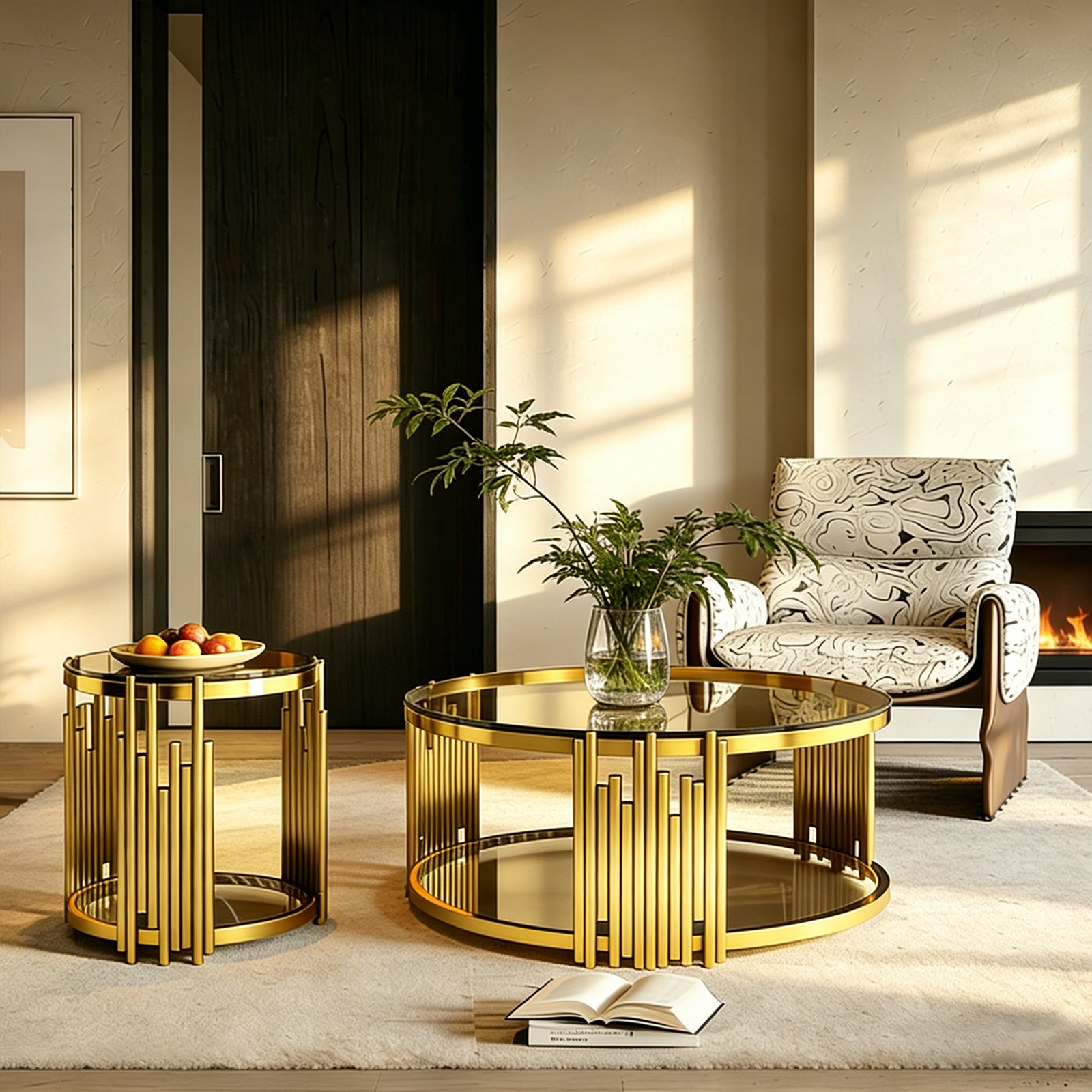 Modern Luxury Nesting Coffee Table Set - Gold Metal Frame & Smoked Glass Top (35.43" L)