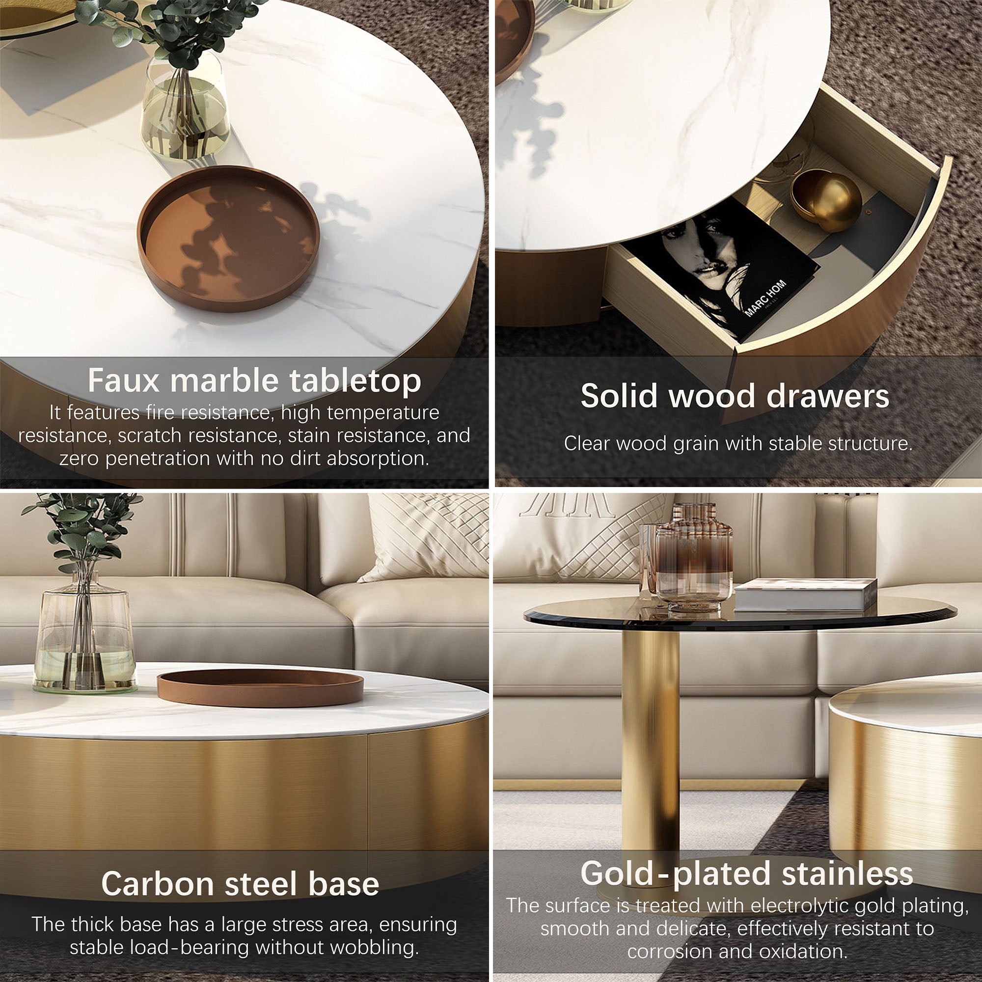 Modern Luxury Nesting Coffee Tables - Marble-Look Top with Gold Finish Base