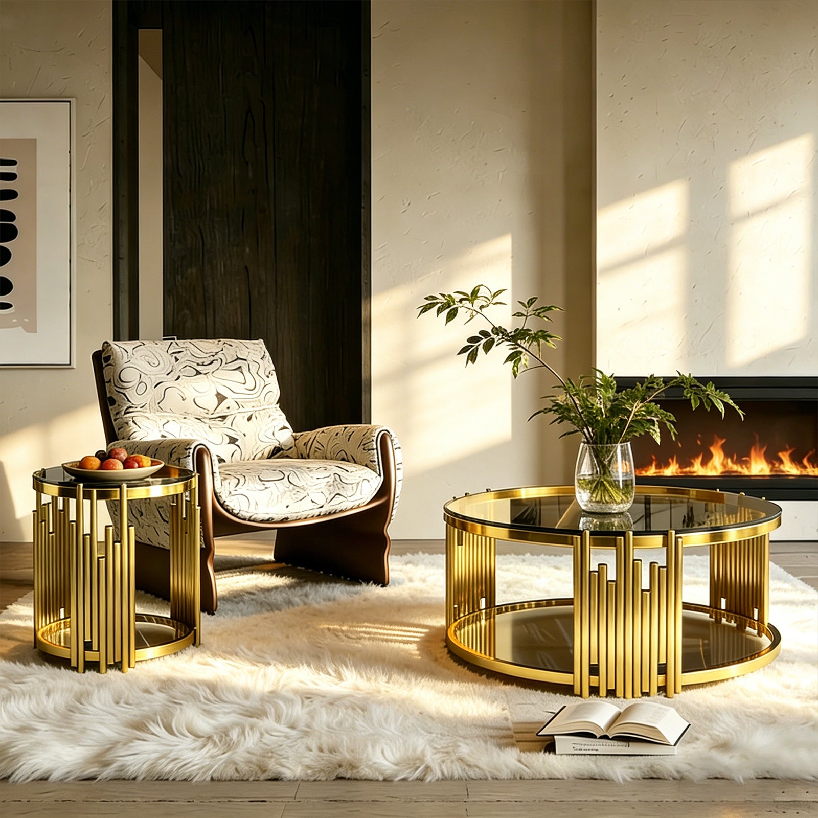 Modern Luxury Nesting Coffee Table Set - Gold Metal Frame & Smoked Glass Top (35.43" L)