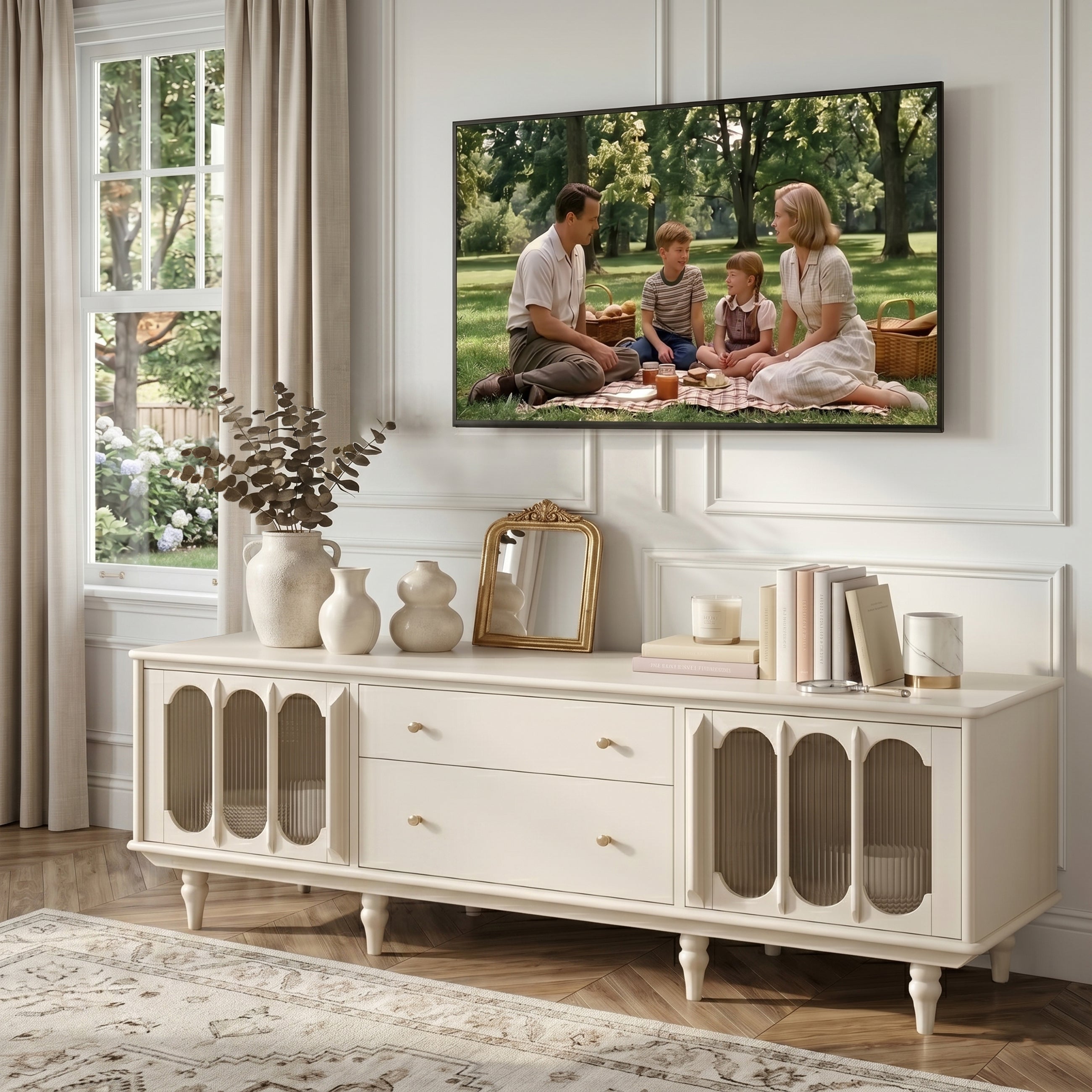 78.74" French Country TV Stand for 75-85 Inch TVs, Cream White TV Console with Arched Fluted Glass Doors & Storage Drawers