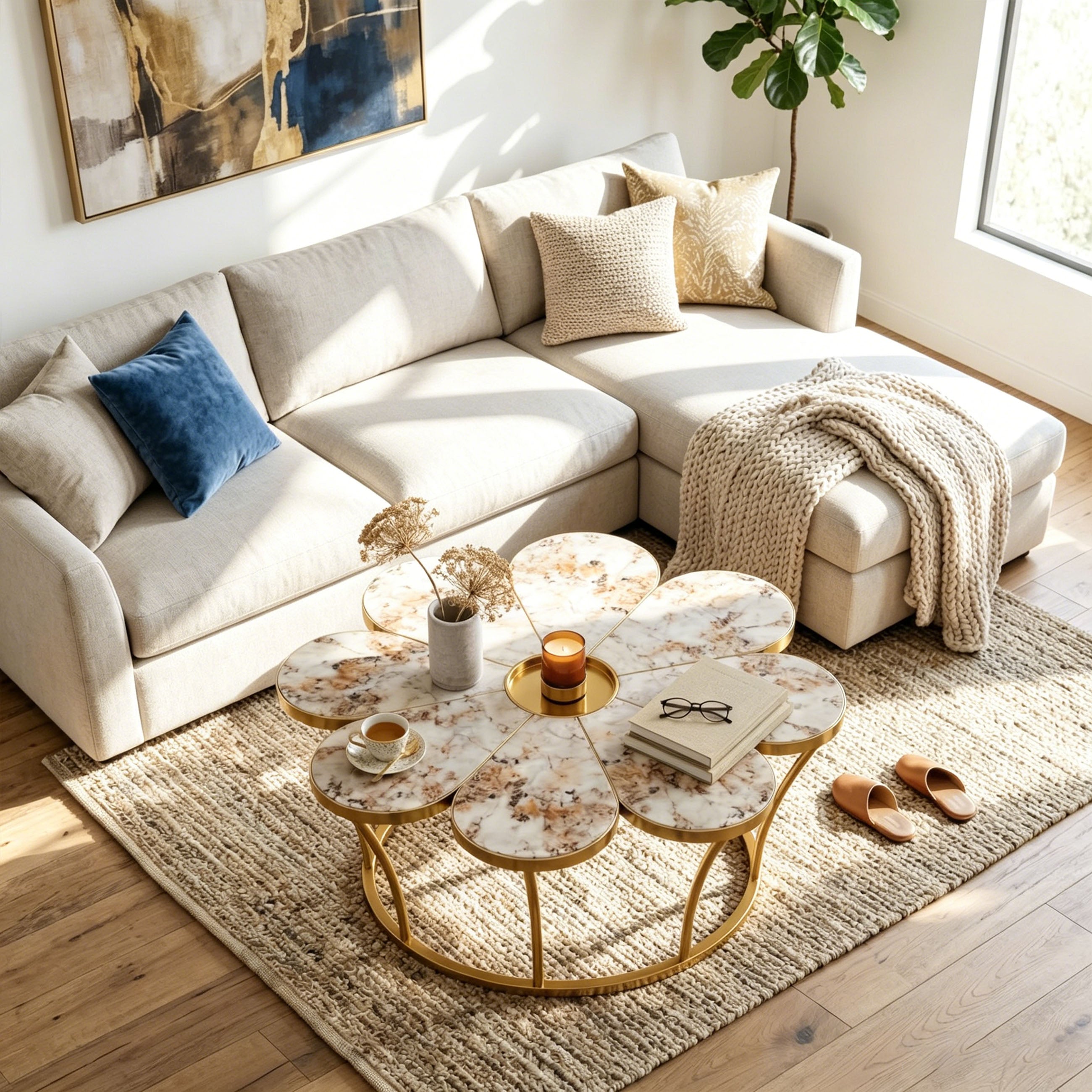 Flower-shaped faux marble coffee table with polished gold stainless steel base
