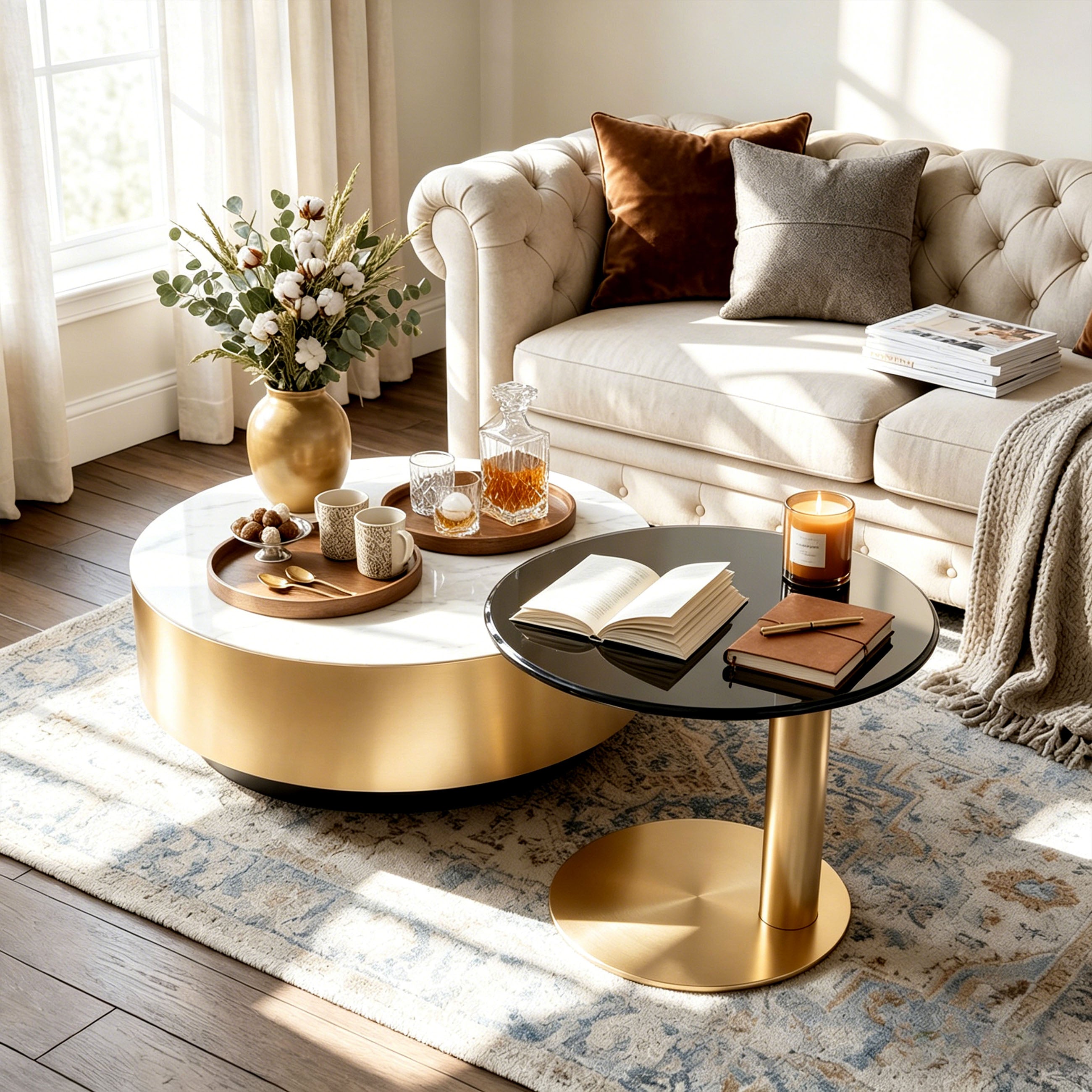 Modern Luxury Nesting Coffee Tables - Marble-Look Top with Gold Finish Base