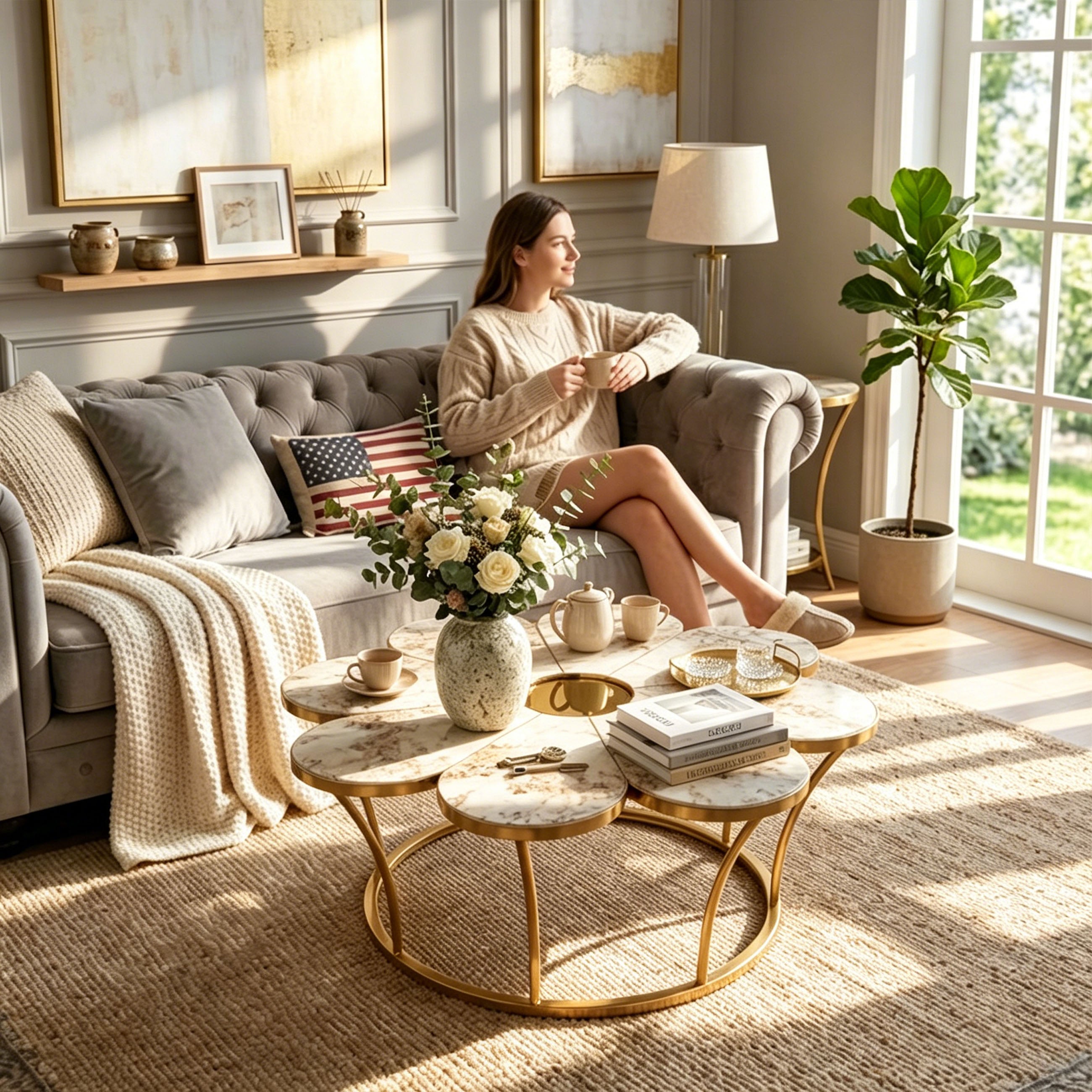 Flower-shaped faux marble coffee table with polished gold stainless steel base