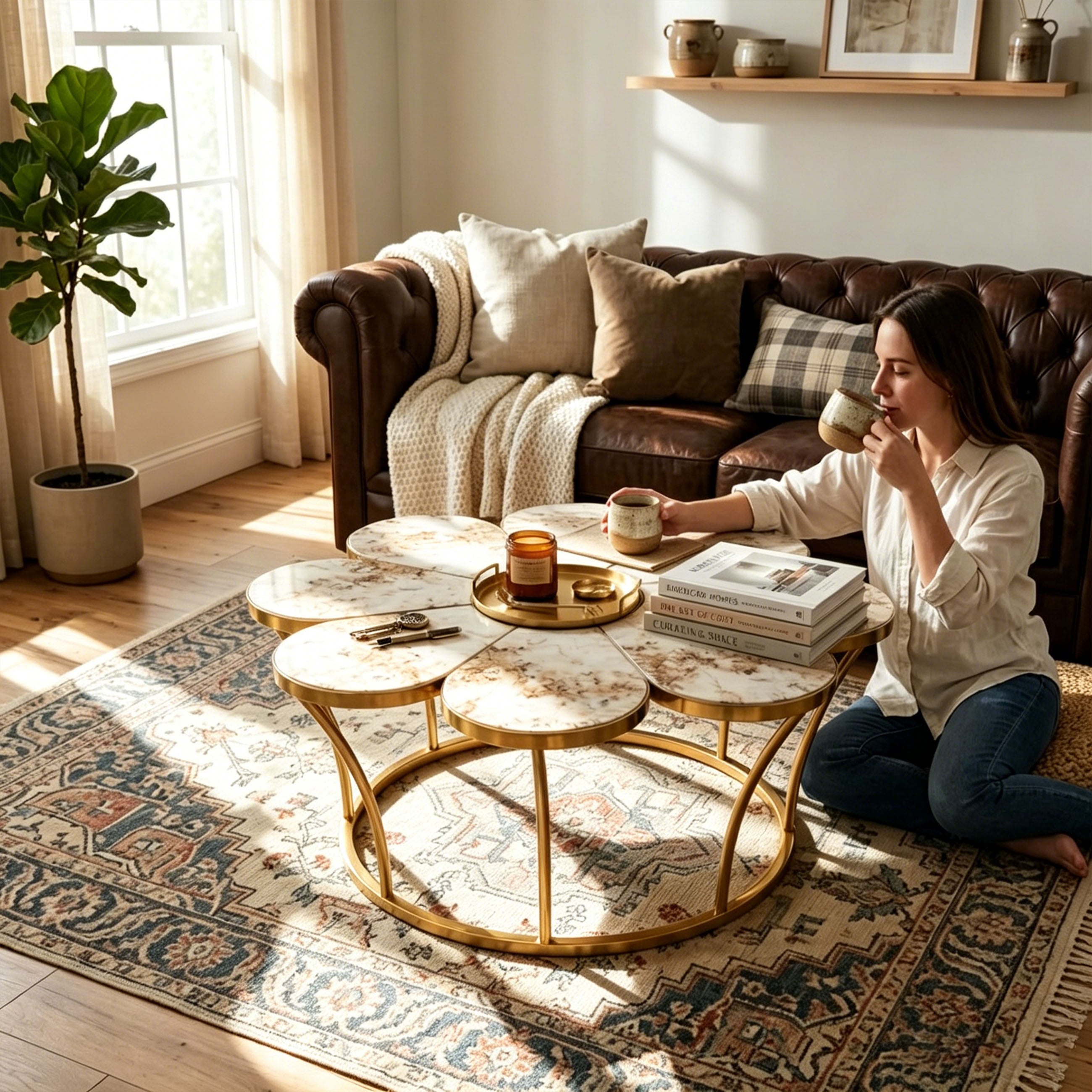 Flower-shaped faux marble coffee table with polished gold stainless steel base