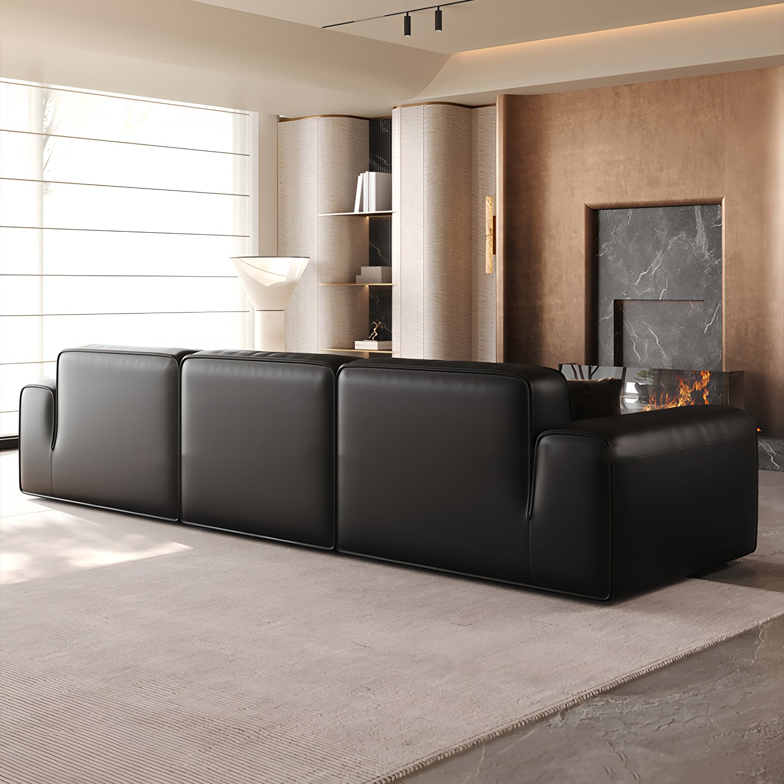 Black Genuine Leather Modular Sofa for Living Room