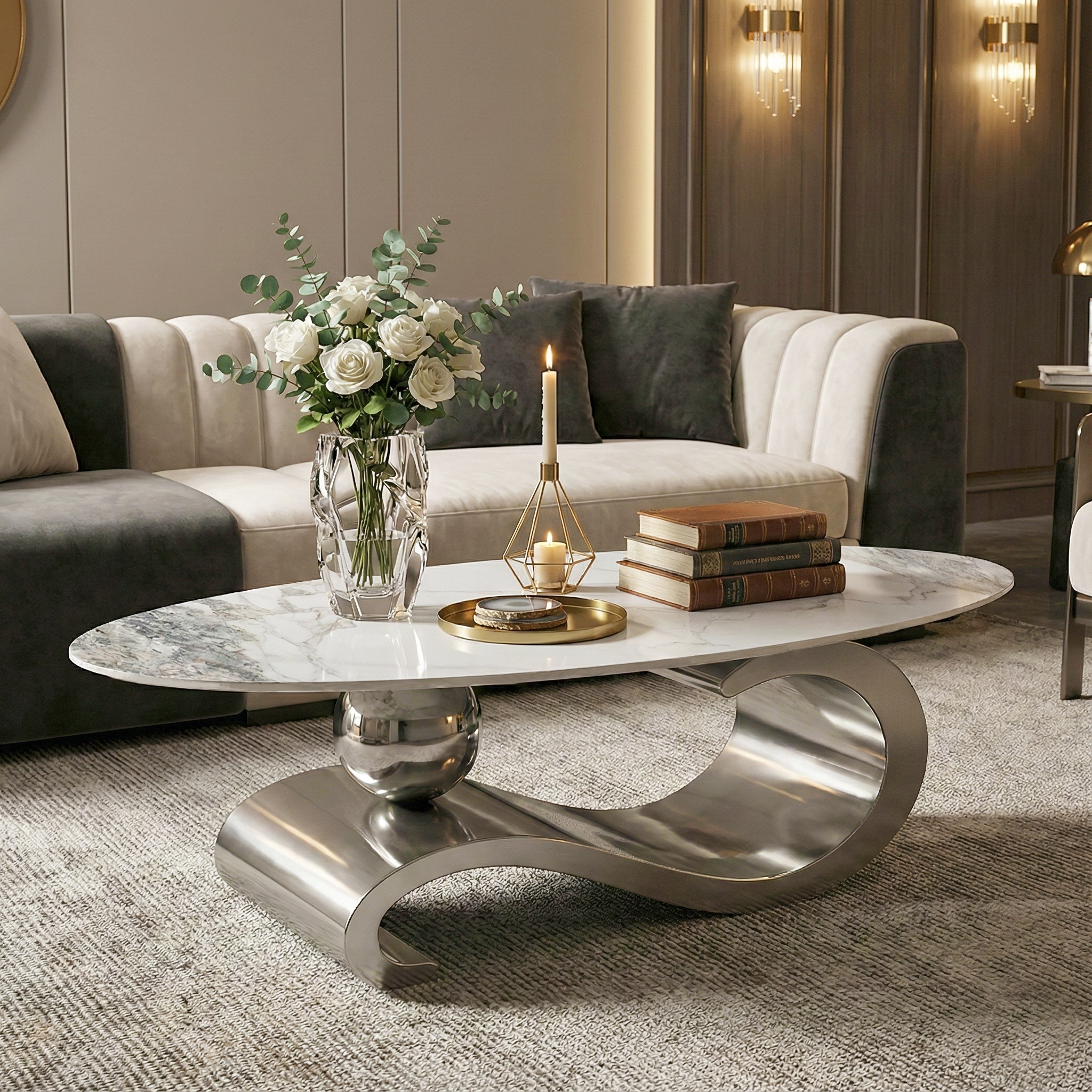 51.2" Oval Faux Marble Coffee Table with Silver Stainless Steel Base