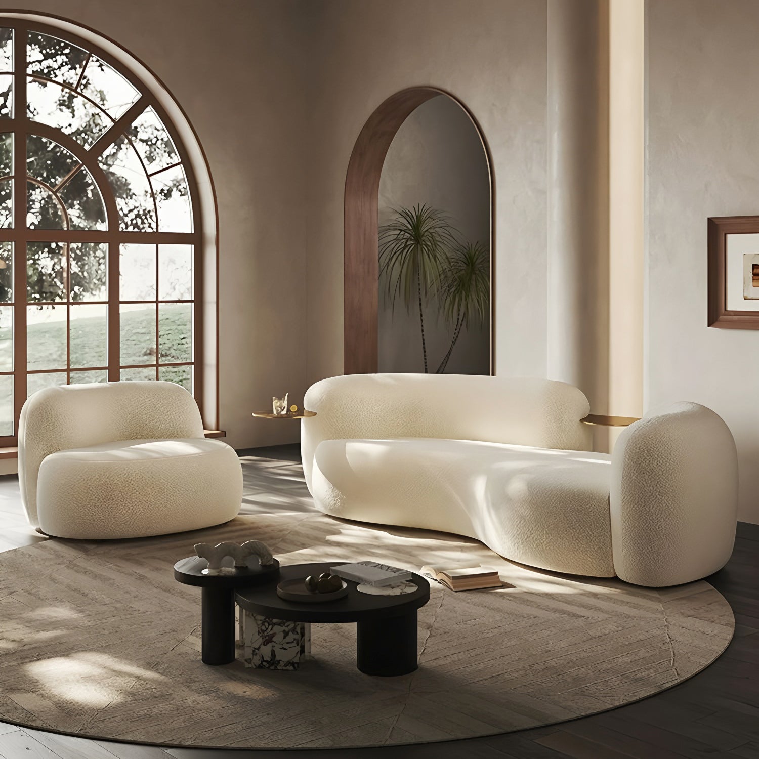 102" Cream Bouclé Curved Sofa, 3-Seater Couch with Black Base & Gold Side Tray